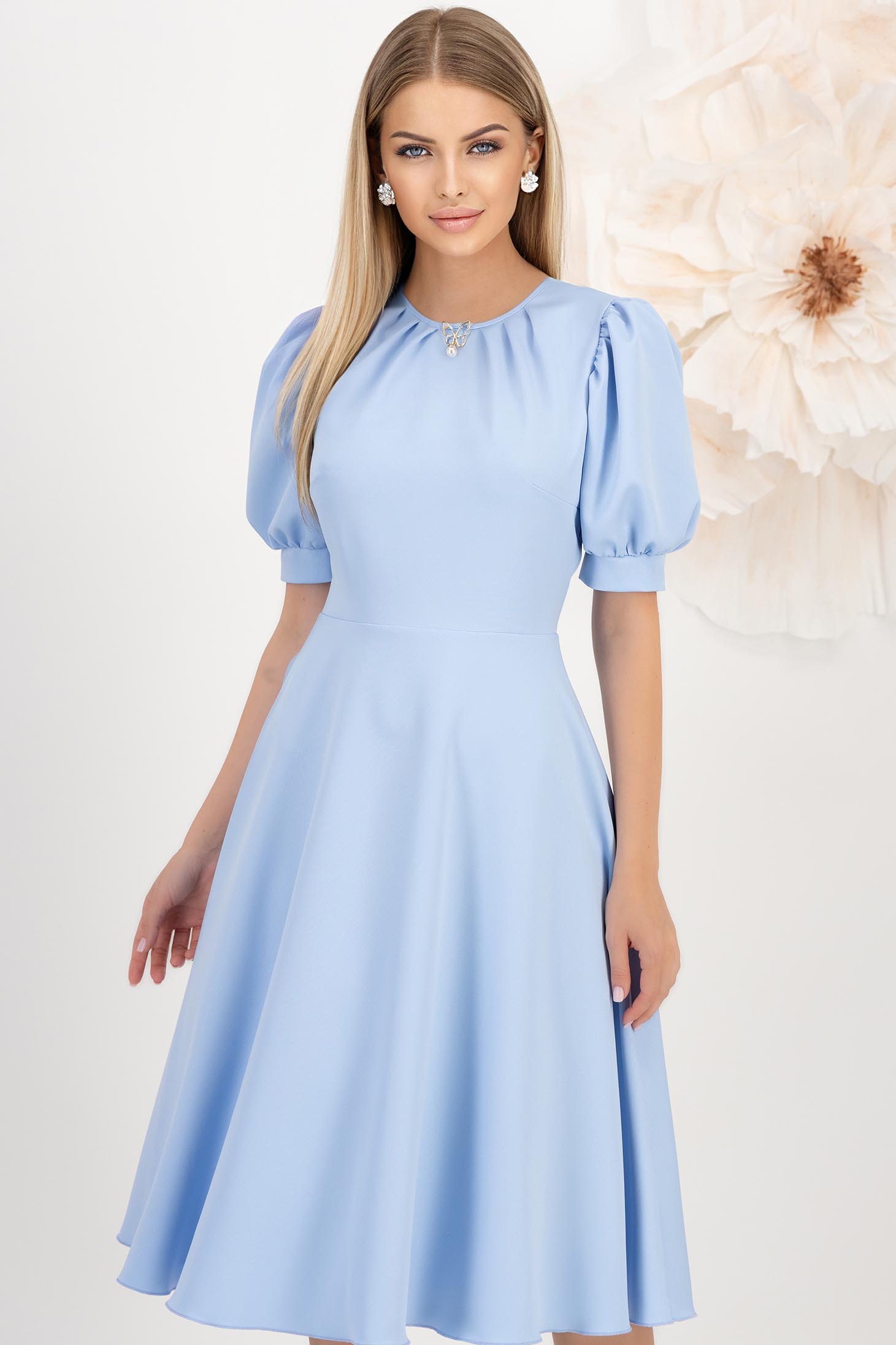 Rochie din stofa elastica albastru-deschis midi in clos cu maneci bufante - StarShinerS 1 - StarShinerS.ro