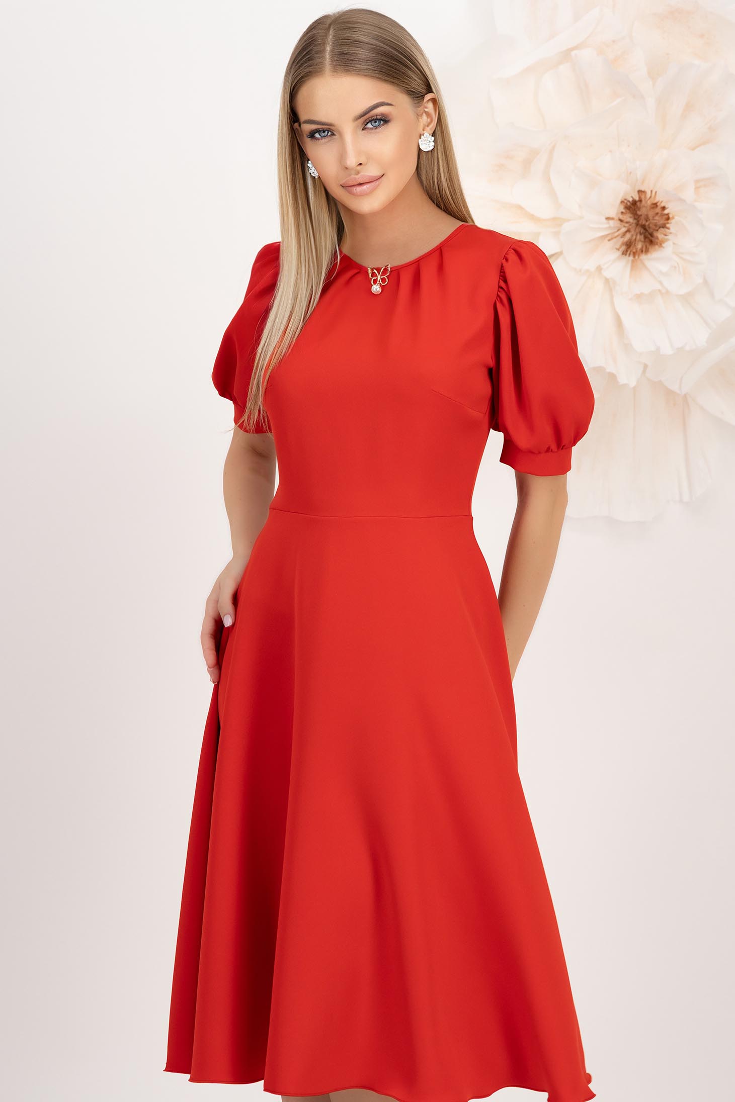 Rochie din stofa elastica rosie midi in clos cu maneci bufante - StarShinerS 1 - StarShinerS.ro