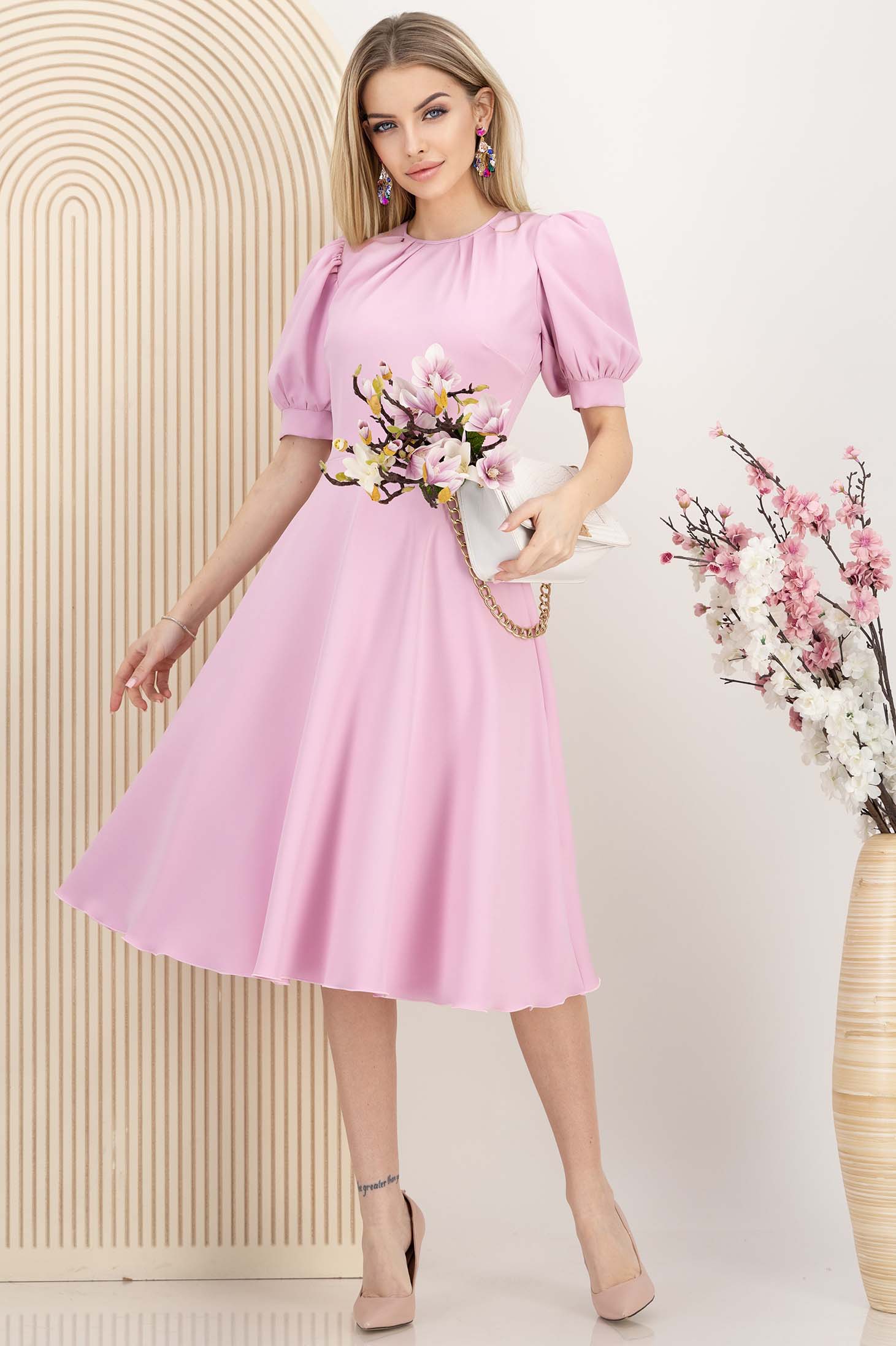 Rochie din stofa elastica roz-deschis midi in clos cu maneci bufante - StarShinerS 1 - StarShinerS.ro