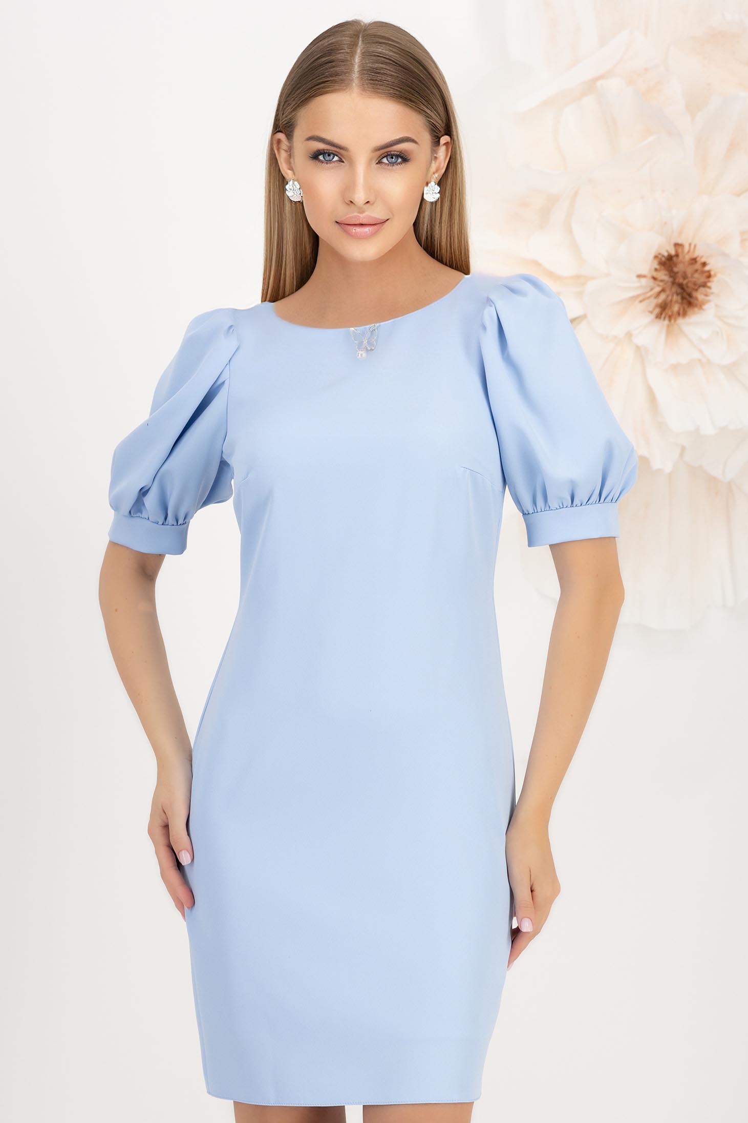 Rochie din stofa elastica albastru-deschis scurta cu un croi drept si maneci scurte bufante - StarShinerS 1 - StarShinerS.ro