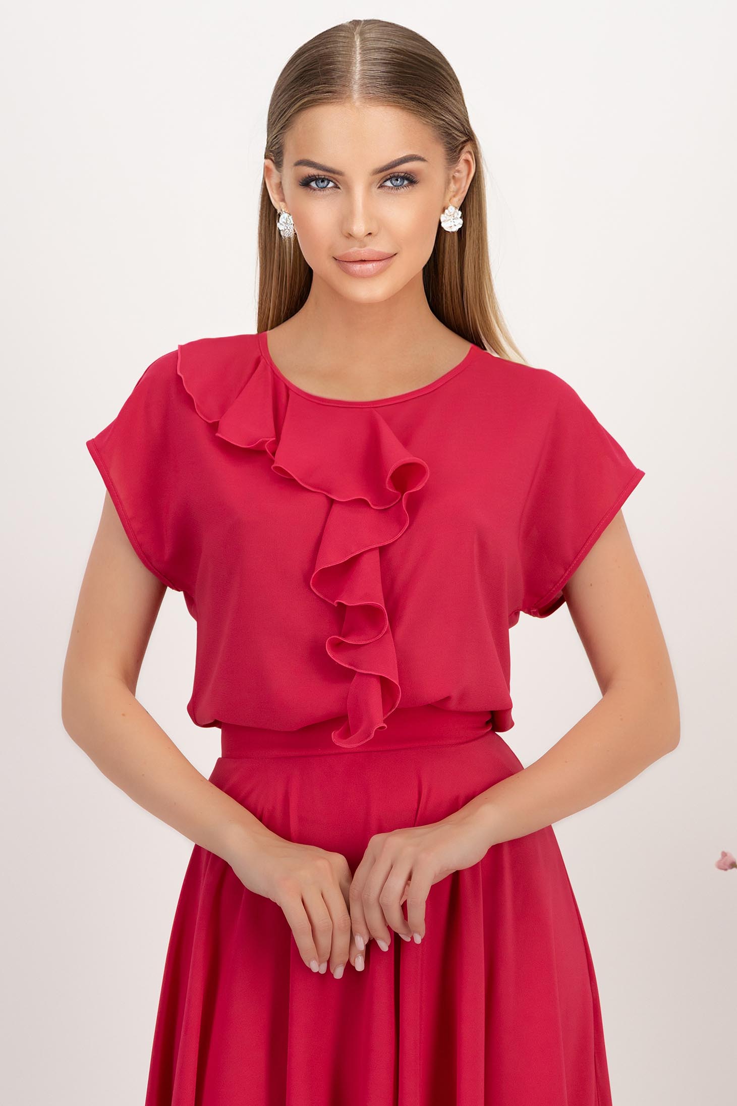 Bluza dama din voal fuchsia cu croi larg si volanas asimetric frontal  - StarShinerS 1 - StarShinerS.ro