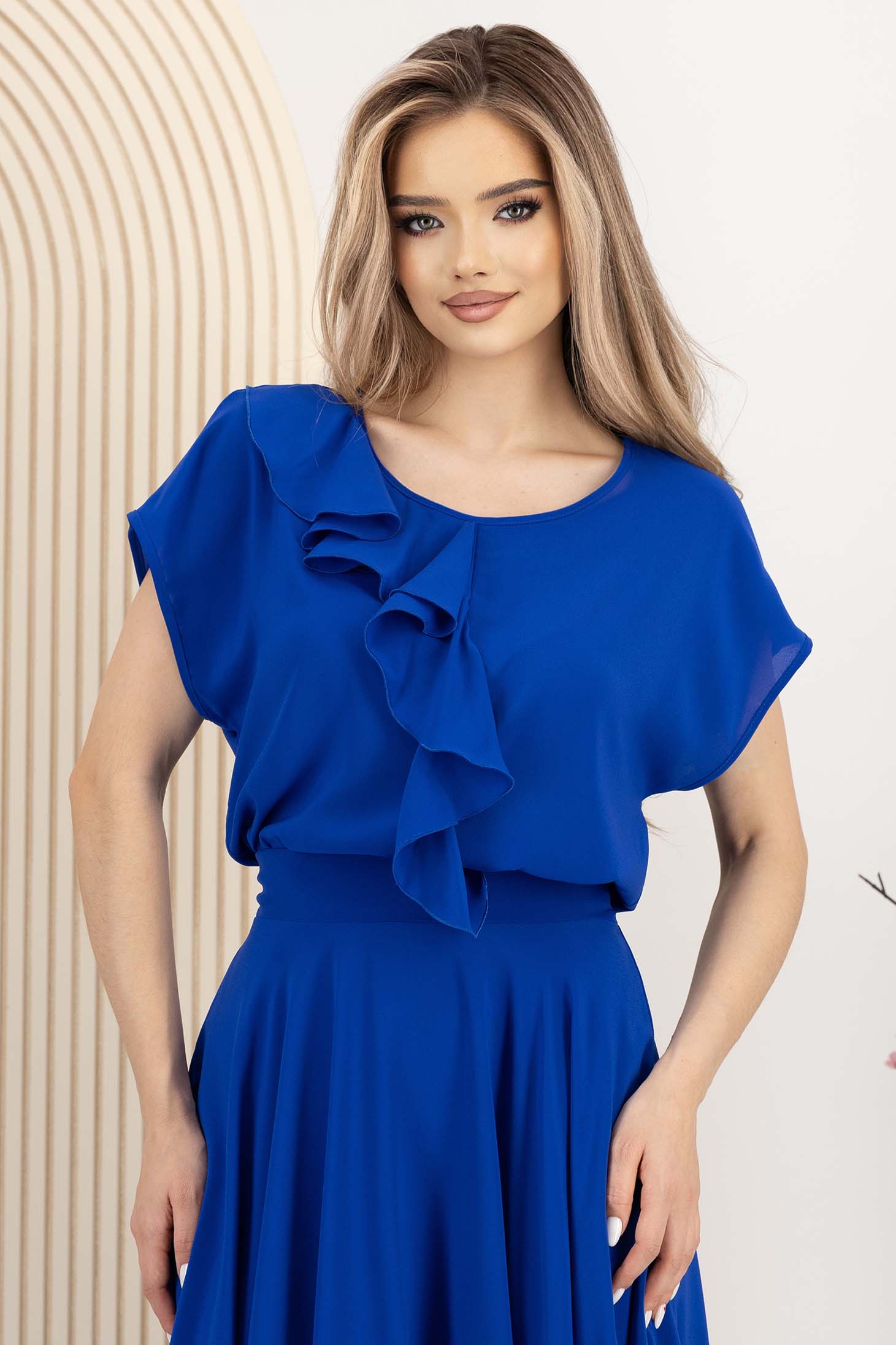 Bluza dama din voal albastra cu croi larg si volanas asimetric frontal  - StarShinerS 1 - StarShinerS.ro