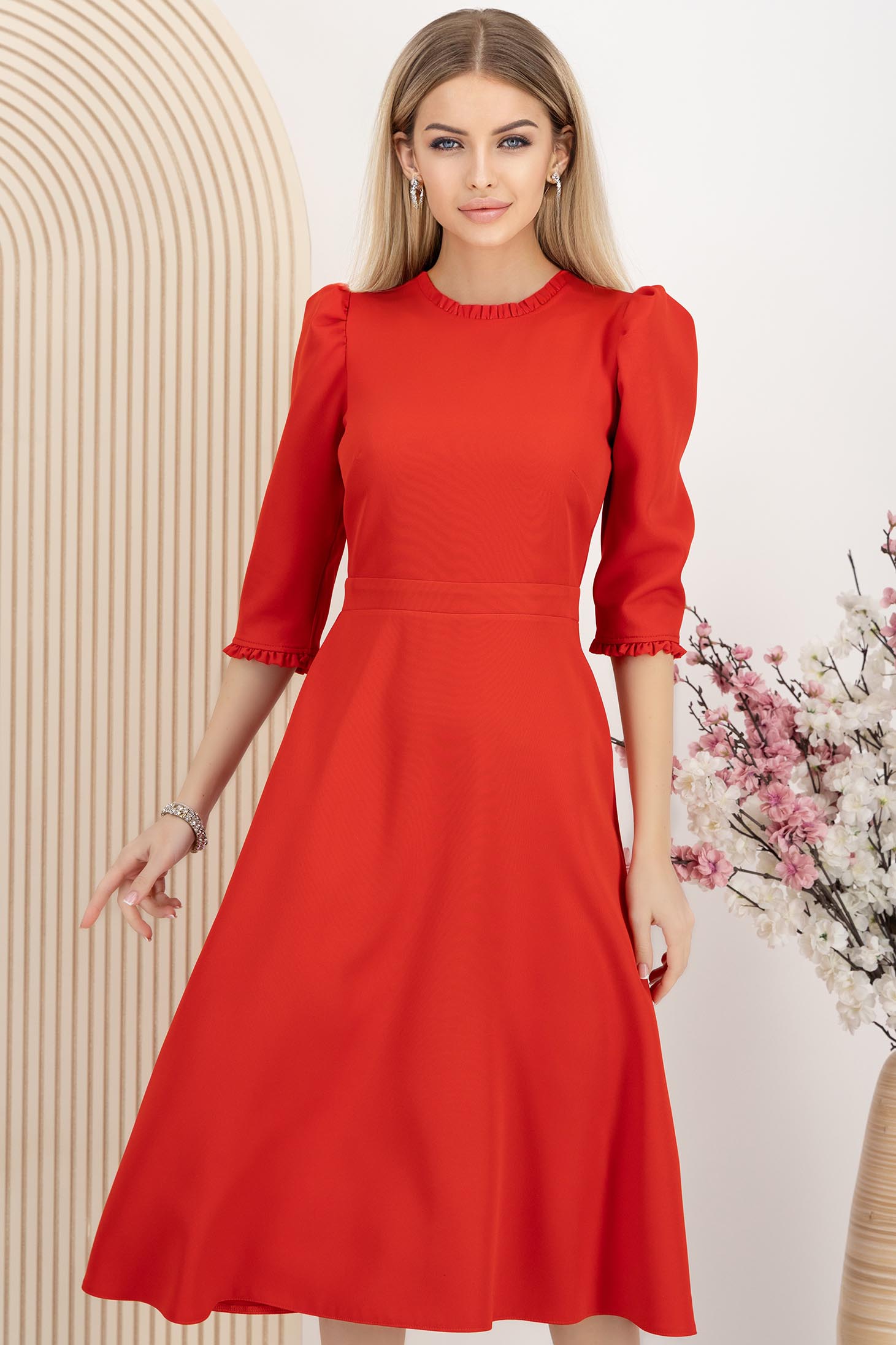 Rochie din stofa elastica rosie midi in clos cu umeri bufanti - StarShinerS 1 - StarShinerS.ro