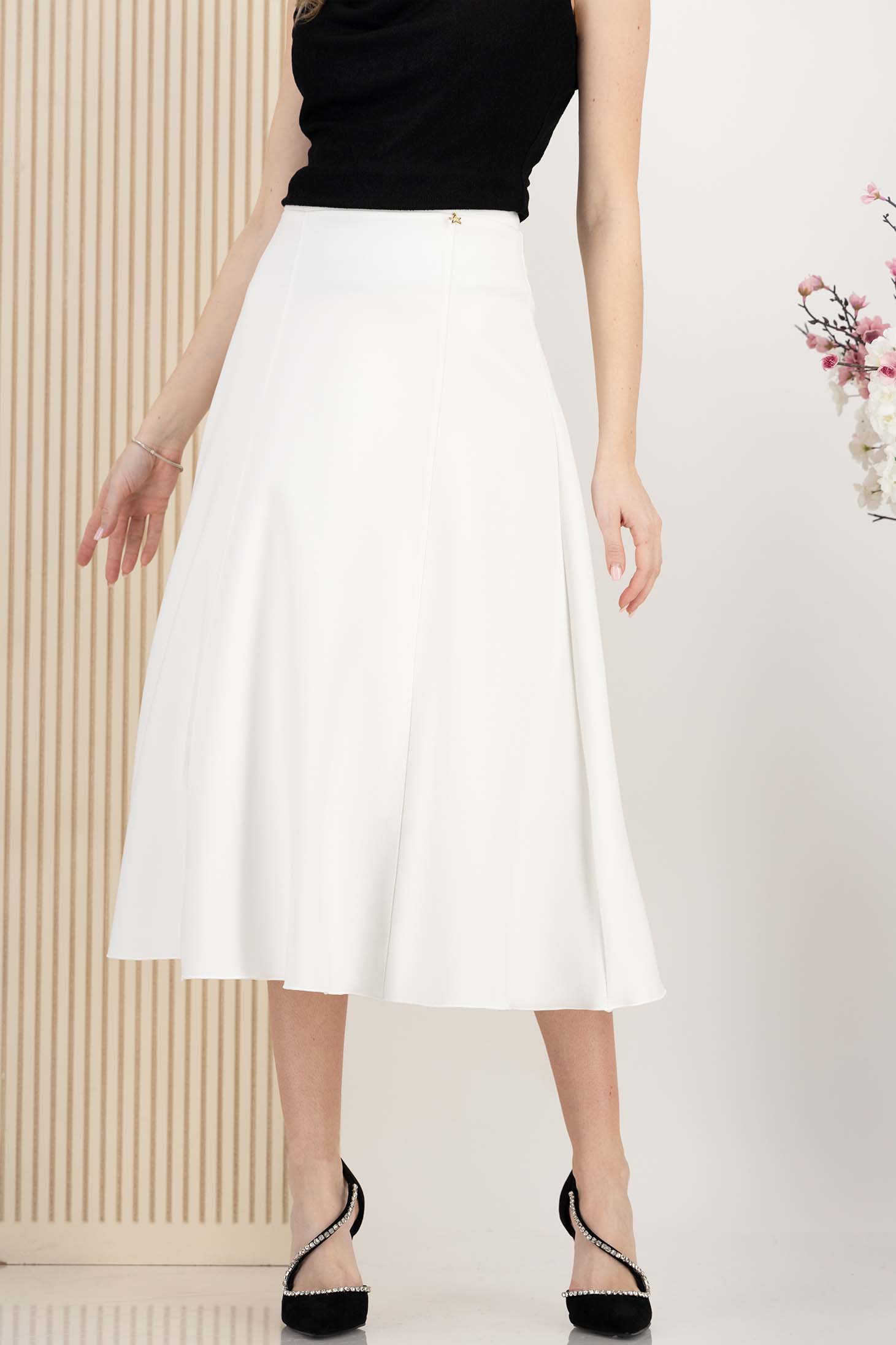 Fusta din stofa premium elastica alba midi in clos cu talie inalta - StarShinerS 1 - StarShinerS.ro