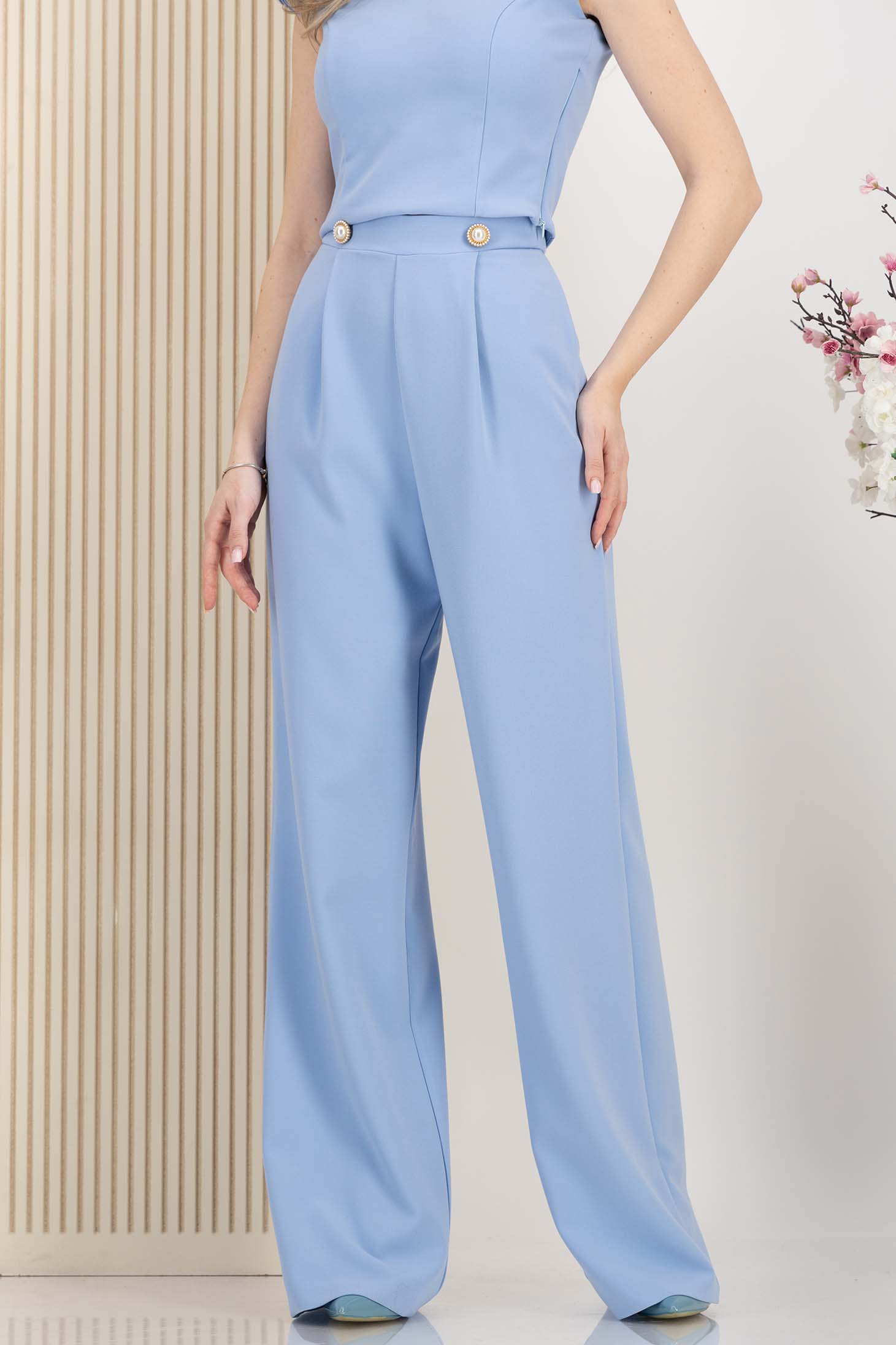 Pantaloni lungi din stofa premium elastica albastru-deschis evazati cu buzunare laterale - StarShinerS 1 - StarShinerS.ro