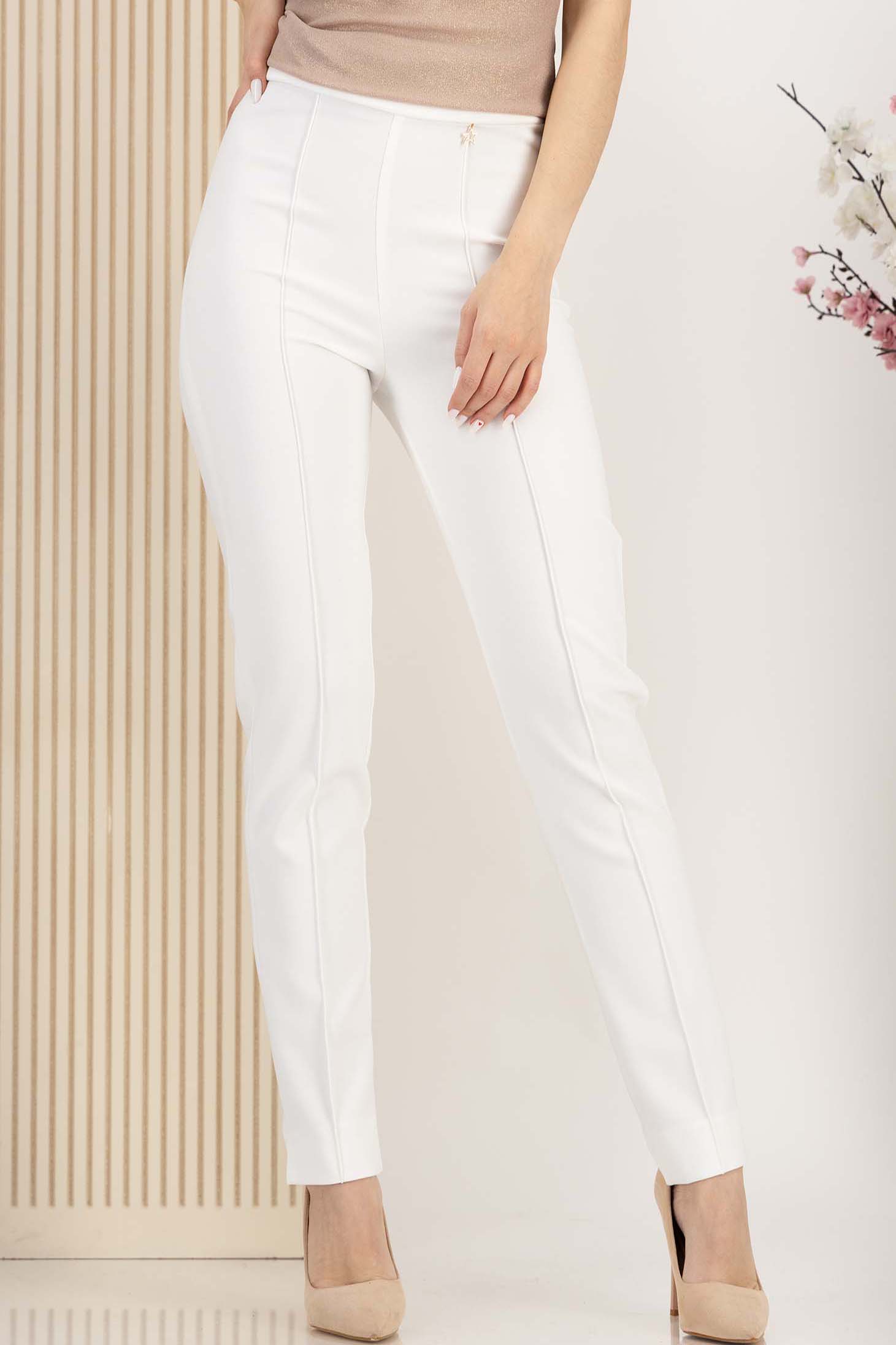 Pantaloni lungi din stofa premium elastica albi conici cu talie inalta - StarShinerS 1 - StarShinerS.ro