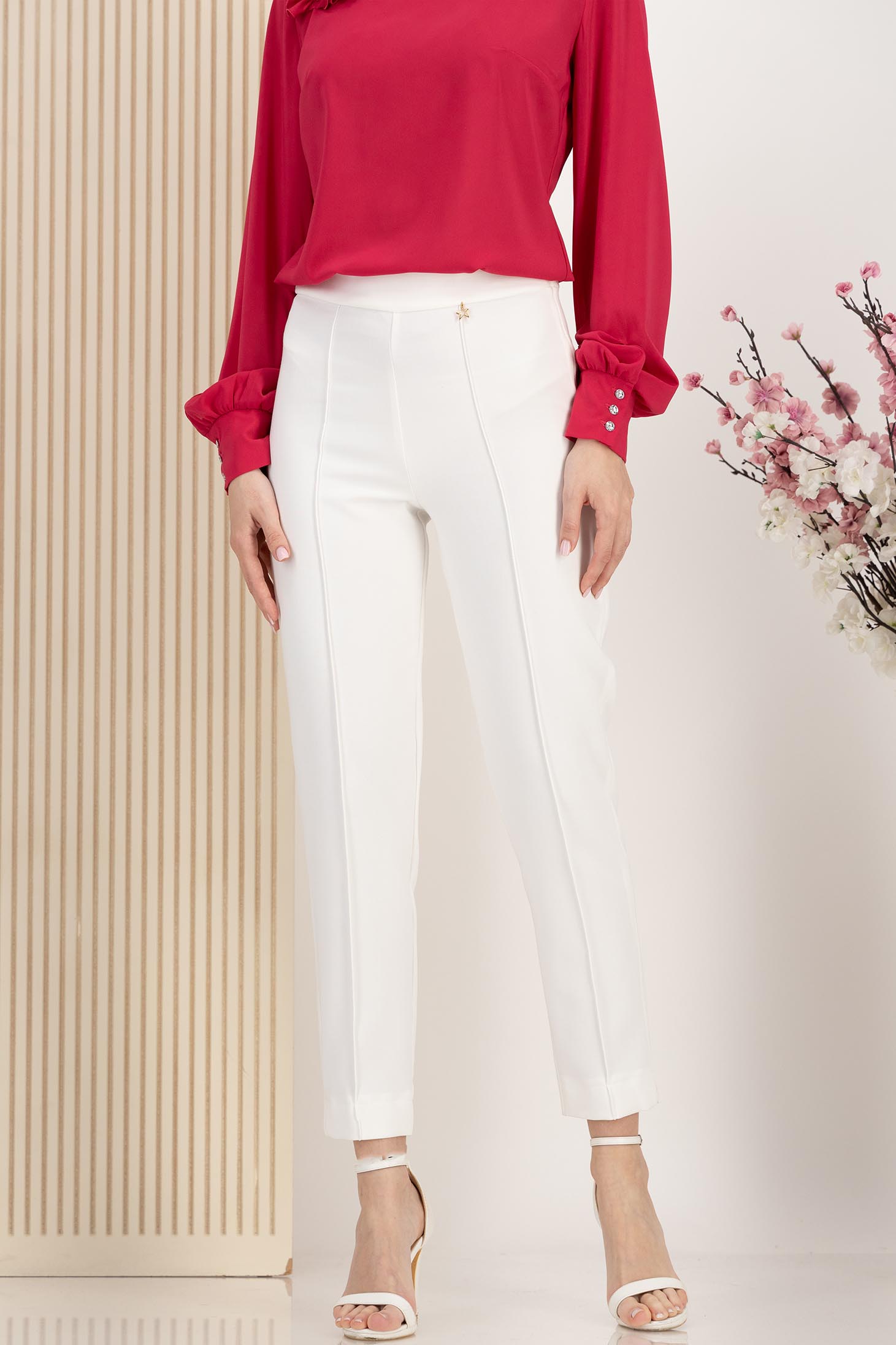 Pantaloni lungi din stofa premium elastica albi conici cu talie inalta - StarShinerS 1 - StarShinerS.ro