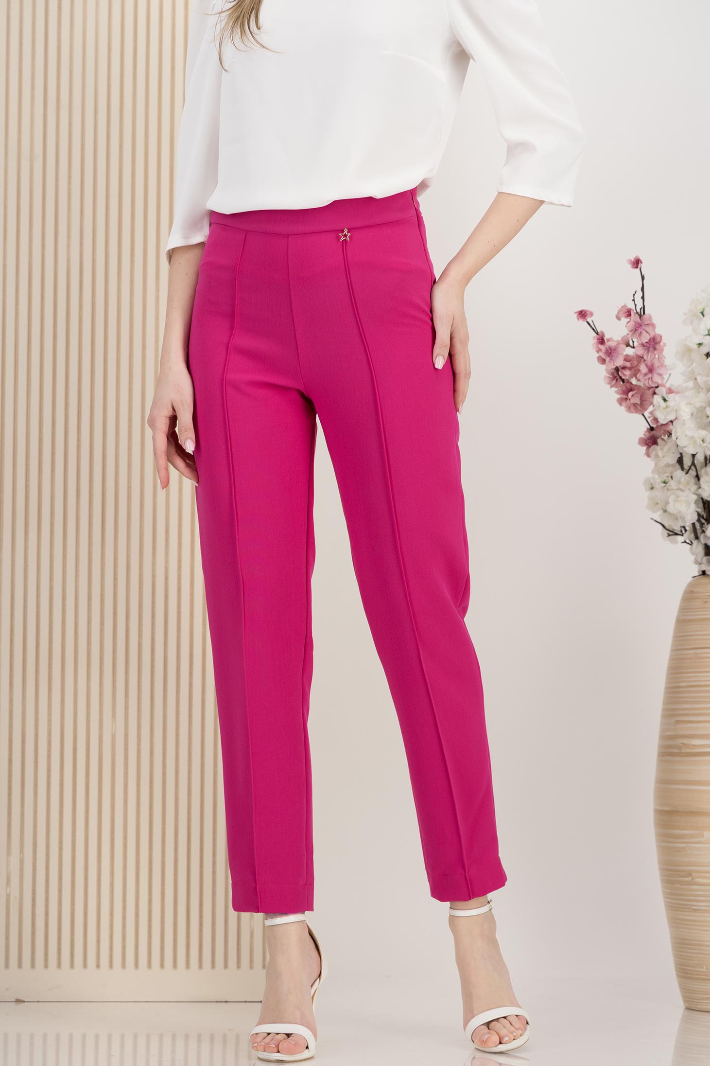 Pantaloni lungi din stofa premium elastica fuchsia conici cu talie inalta - StarShinerS 1 - StarShinerS.ro