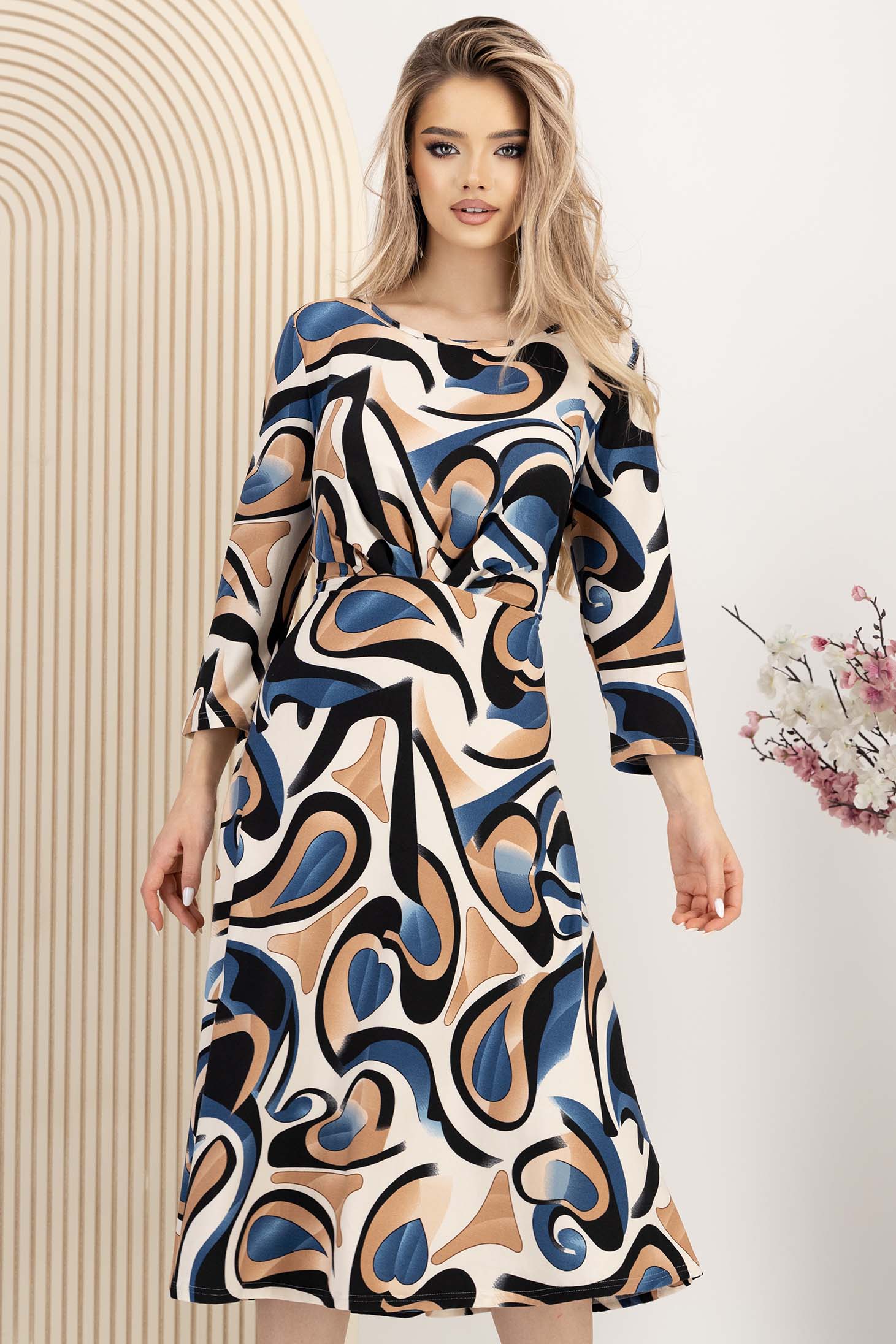 Rochie din lycra albastra midi in clos cu maneci trei-sferturi 1 - StarShinerS.ro