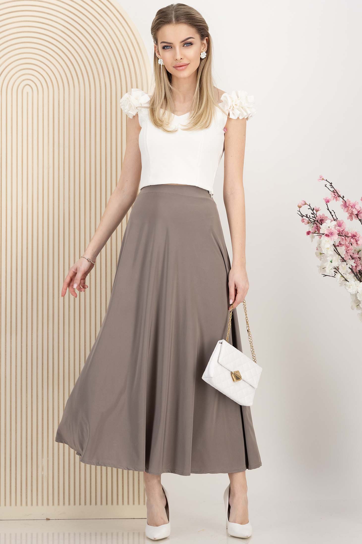 Fusta din lycra bej midi in clos cu elastic in talie 1 - StarShinerS.ro