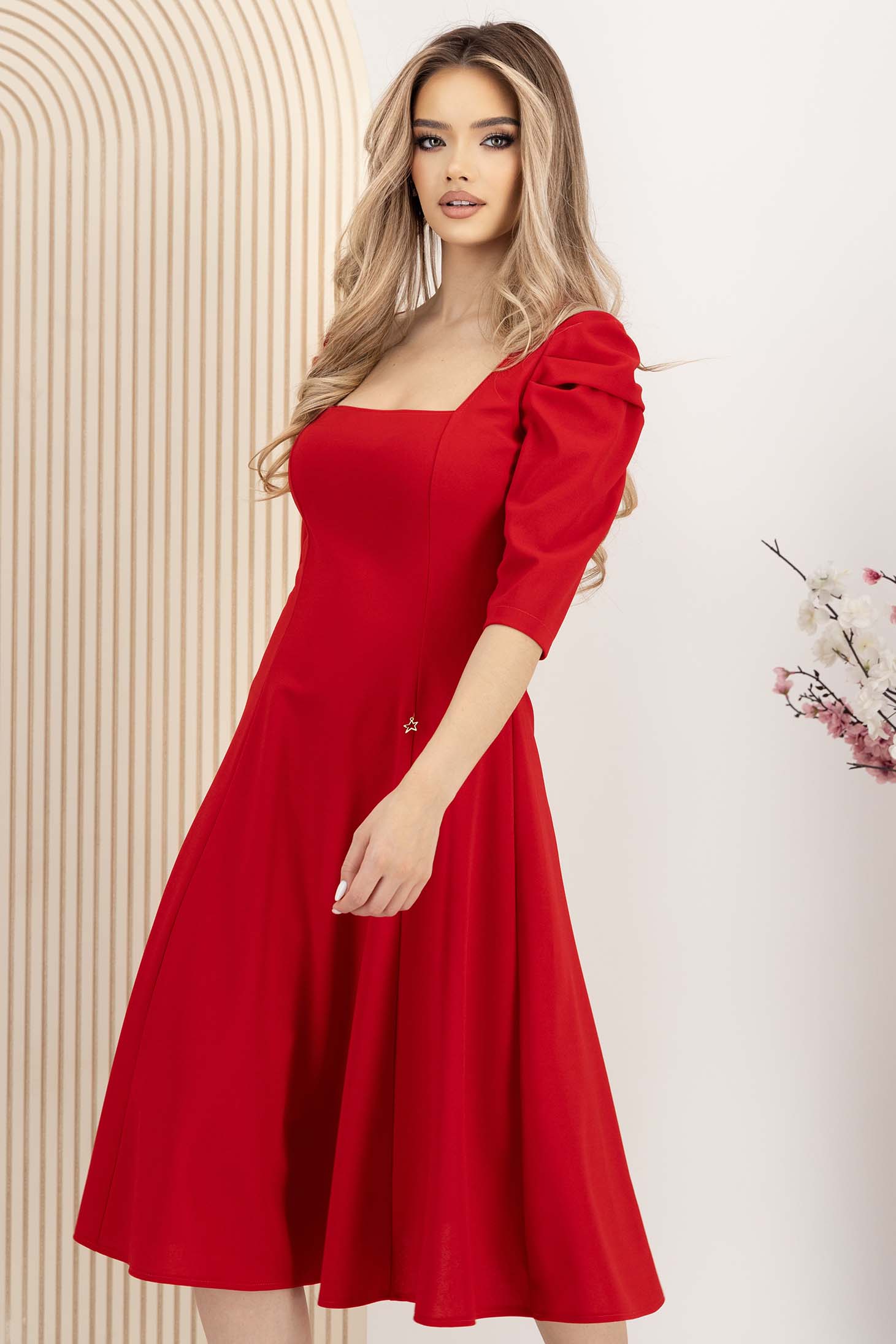 Rochie din crep rosie midi in clos cu umeri bufanti si decolteu patrat - StarShinerS 1 - StarShinerS.ro