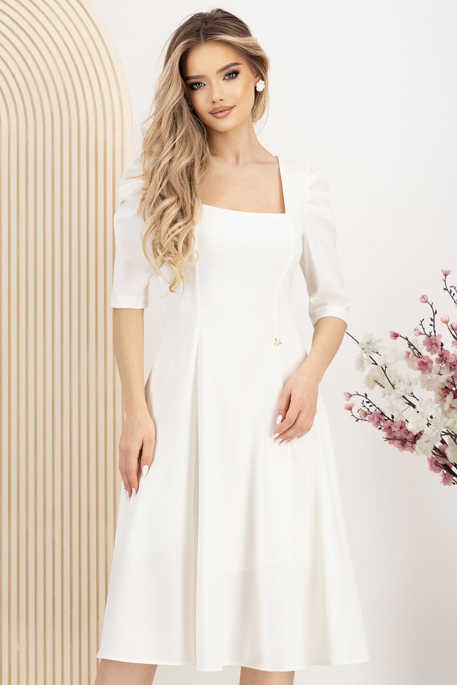 Rochie din crep alba midi in clos cu umeri bufanti si decolteu patrat - StarShinerS 1 - StarShinerS.ro