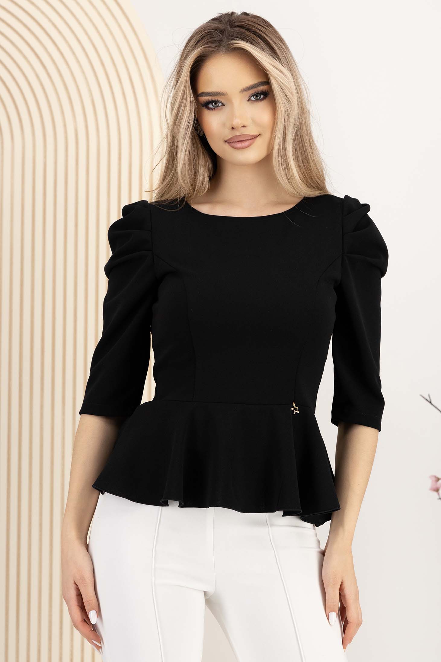 Bluza dama din crep neagra mulata cu peplum si umeri bufanti - StarShinerS 1 - StarShinerS.ro