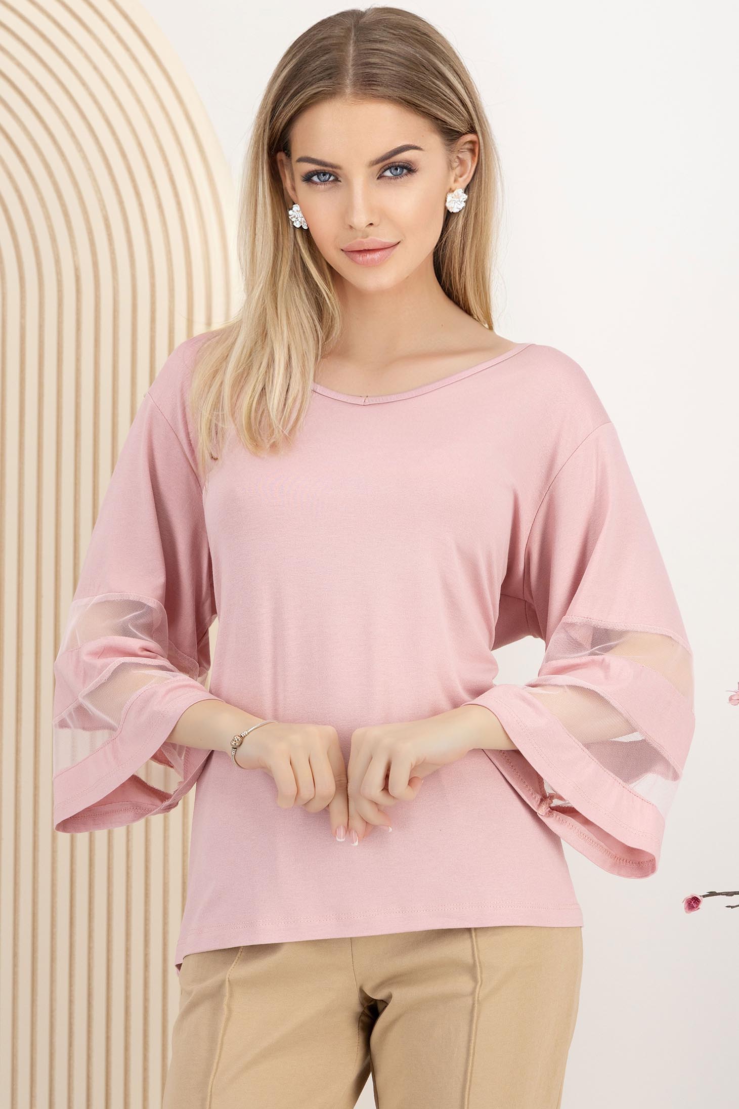 Bluza dama din lycra roz pudra cu croi larg si maneci decorative 1 - StarShinerS.ro