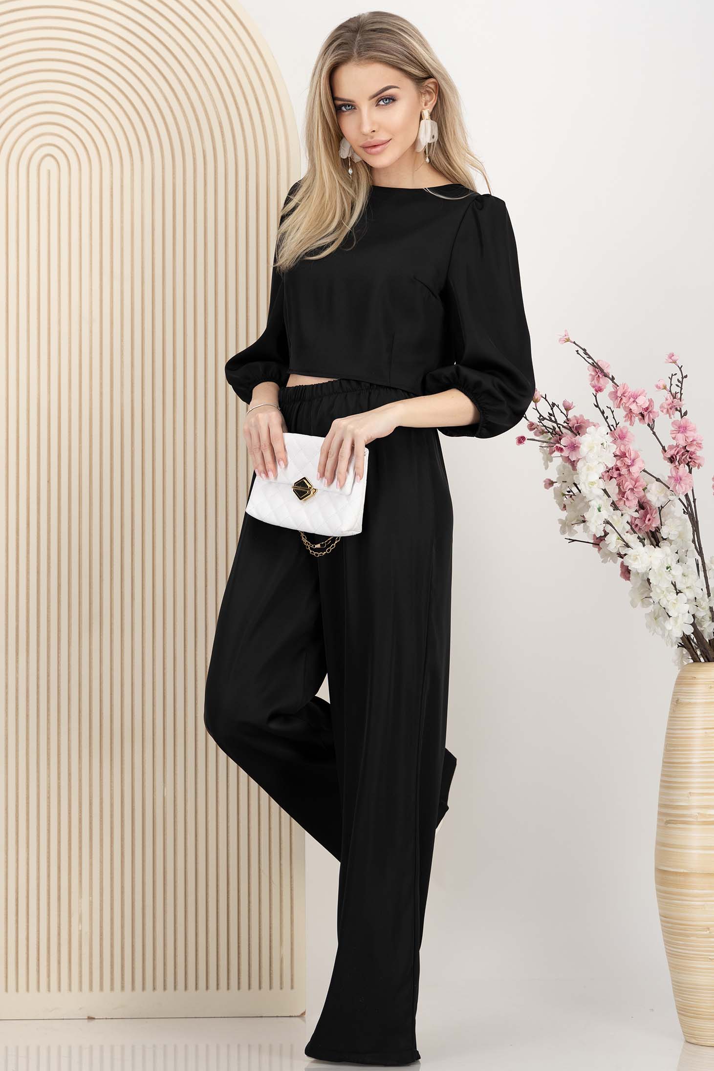 Compleu din satin negru cu elastic in talie si maneci bufante 1 - StarShinerS.ro