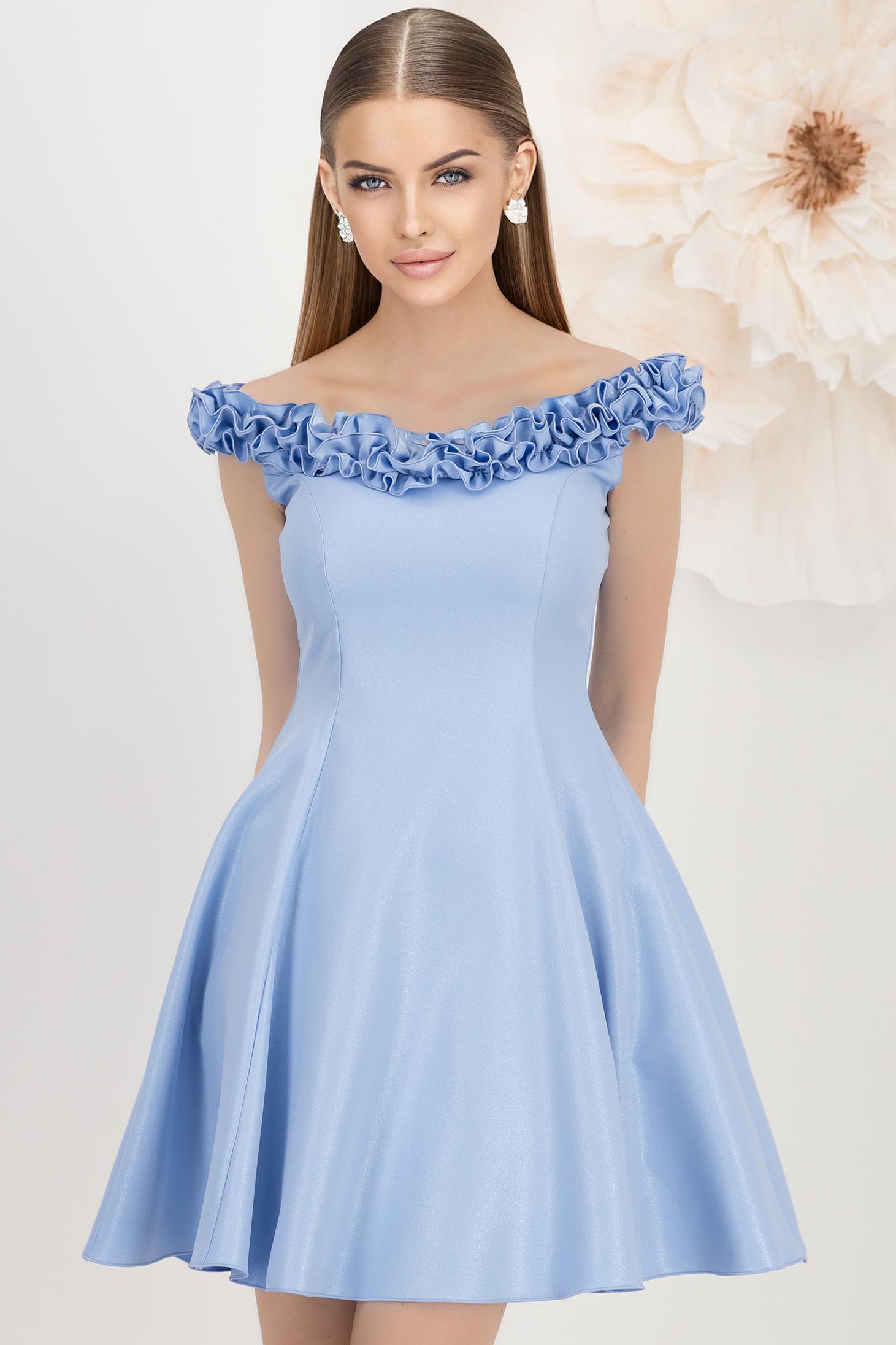 Rochie din stofa elastica cu sclipici albastru-deschis scurta in clos cu umeri goi si volanase pe linia decolteului - StarShinerS 1 - StarShinerS.ro