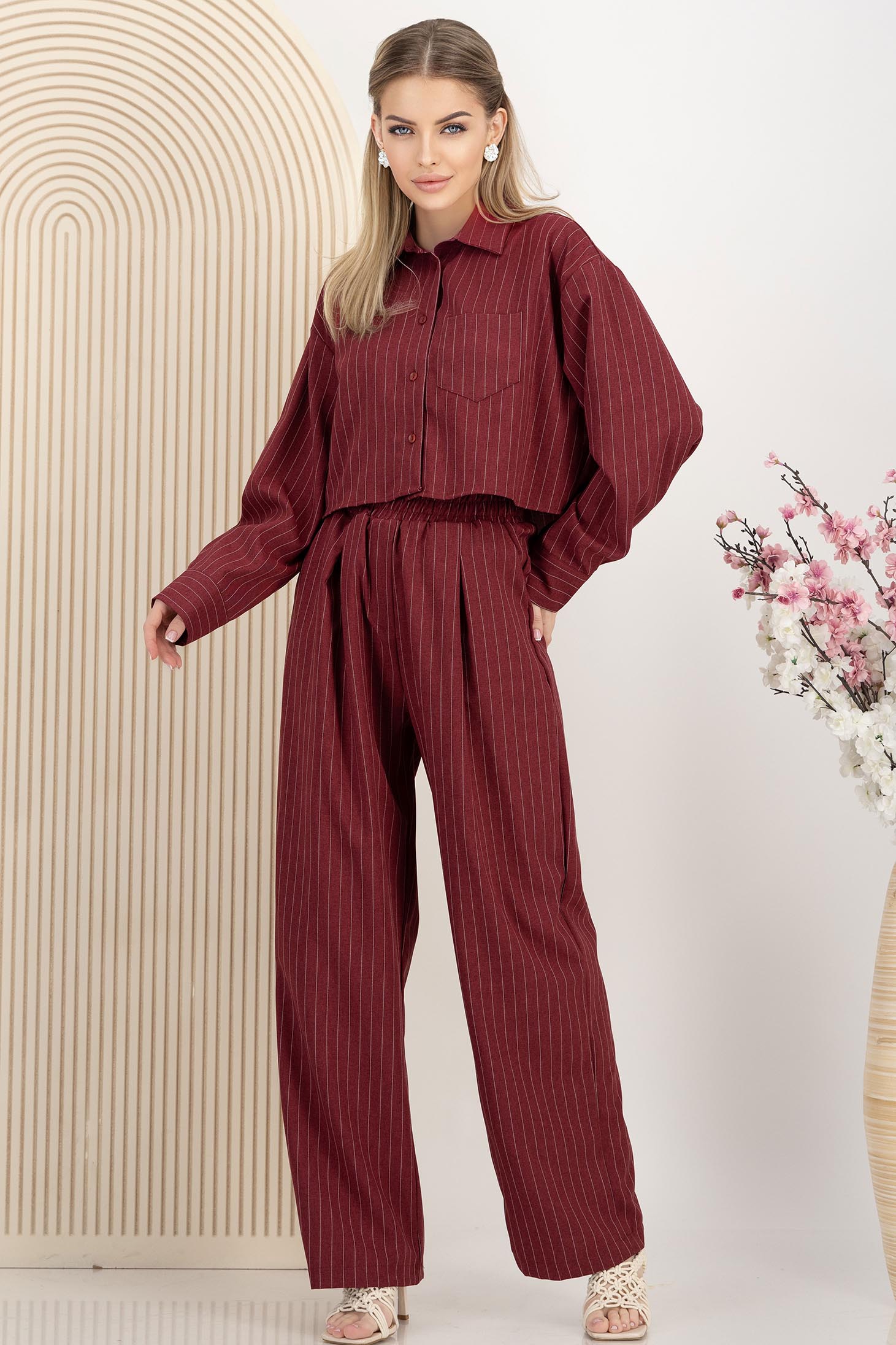 Compleu din material subtire visiniu cu elastic in talie 1 - StarShinerS.ro