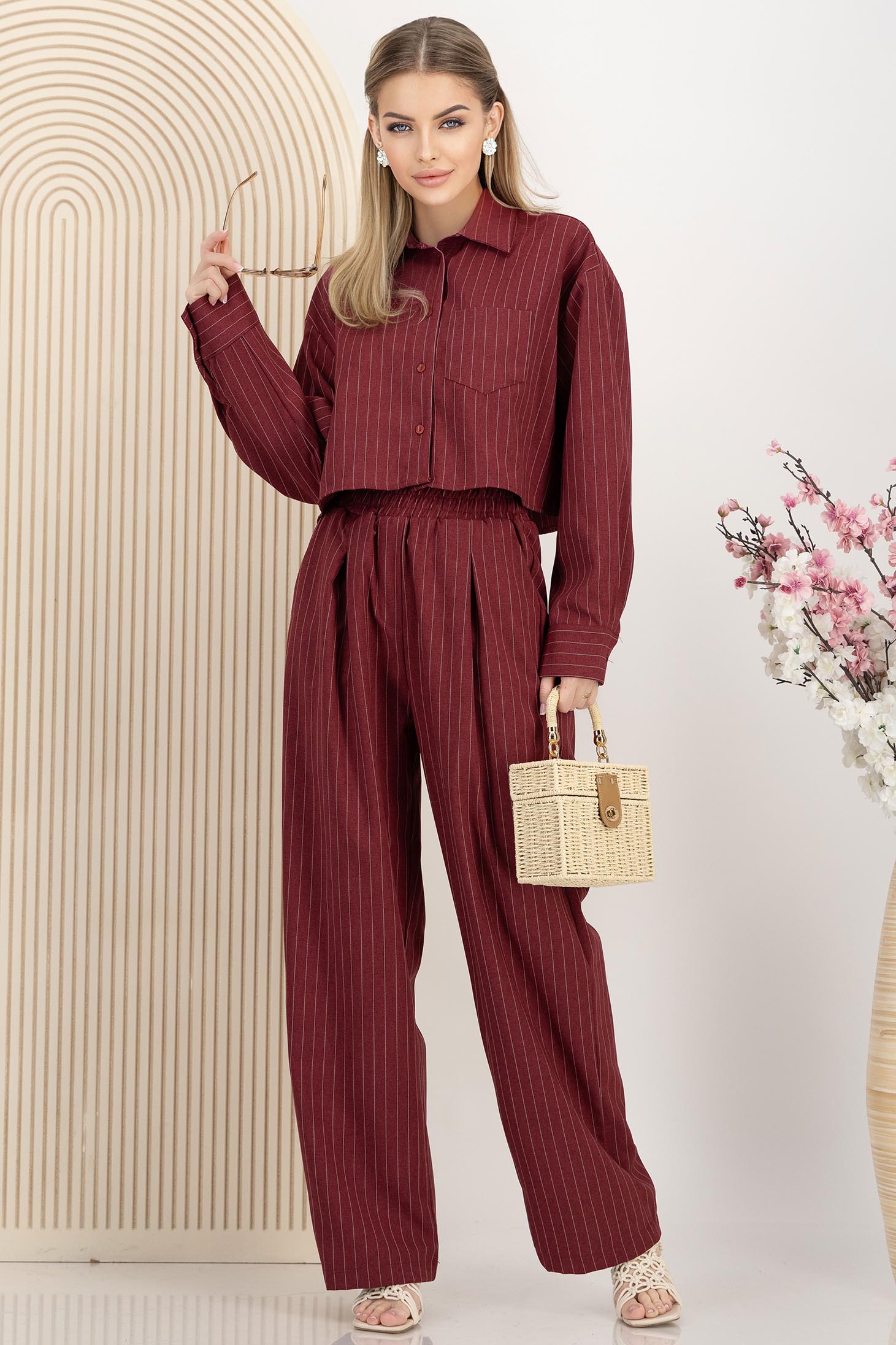Compleu din material subtire visiniu cu elastic in talie 1 - StarShinerS.ro