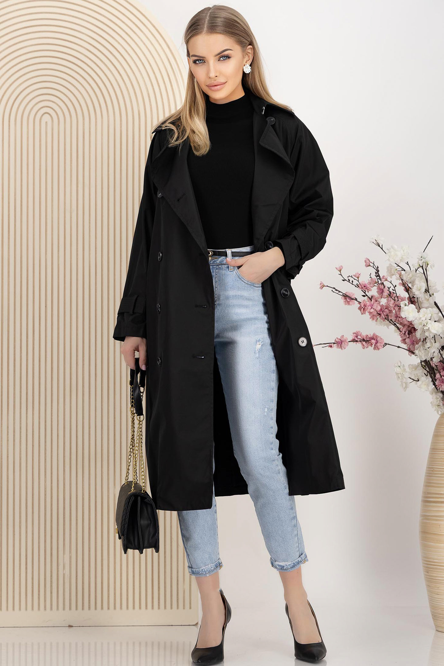 Trench lung din fas negru cu croi larg accesorizat cu cordon 1 - StarShinerS.ro