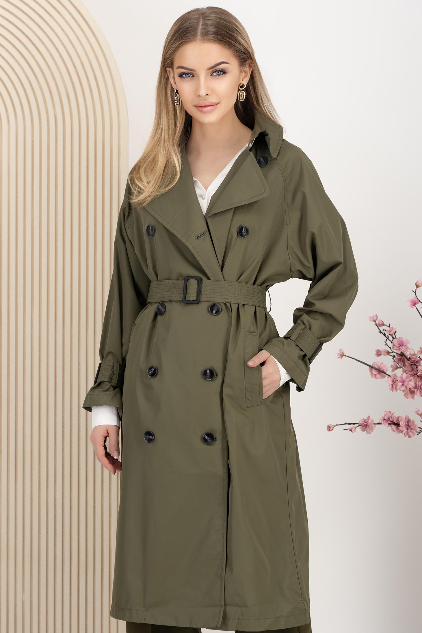 Trench lung din fas kaki cu croi larg accesorizat cu cordon 1 - StarShinerS.ro