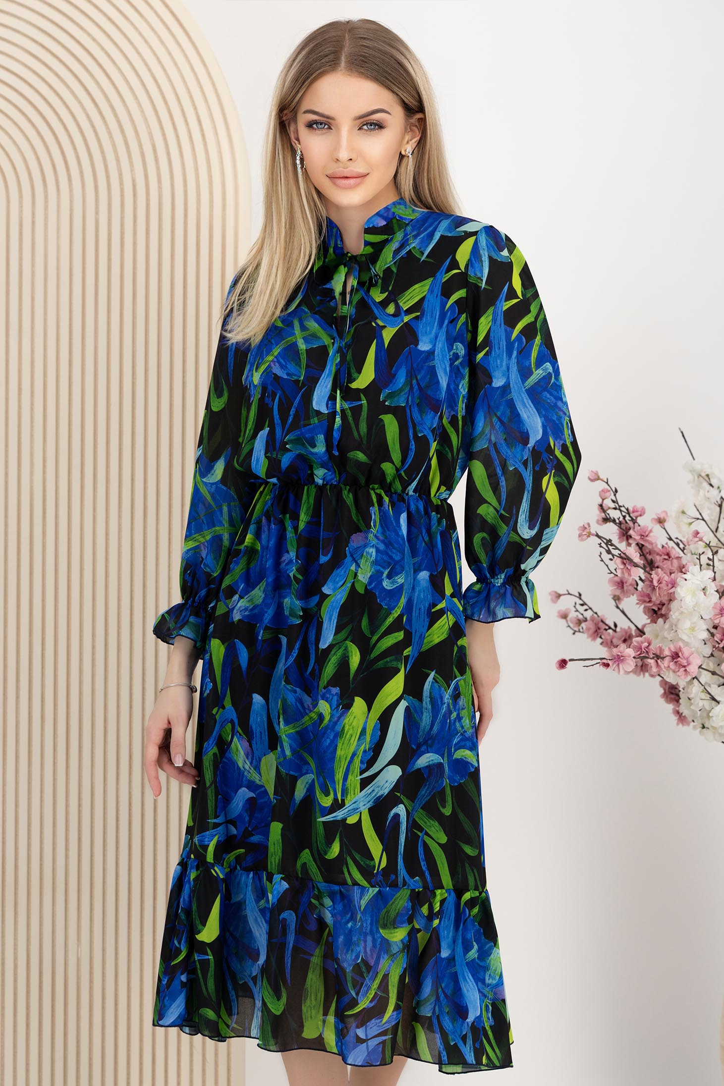 Rochie din voal albastra midi in clos cu elastic in talie si maneci bufante 1 - StarShinerS.ro