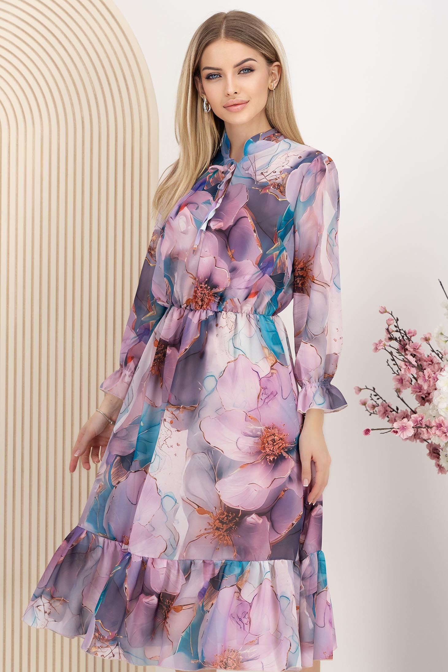 Rochie din voal mov midi in clos cu elastic in talie si maneci bufante 1 - StarShinerS.ro