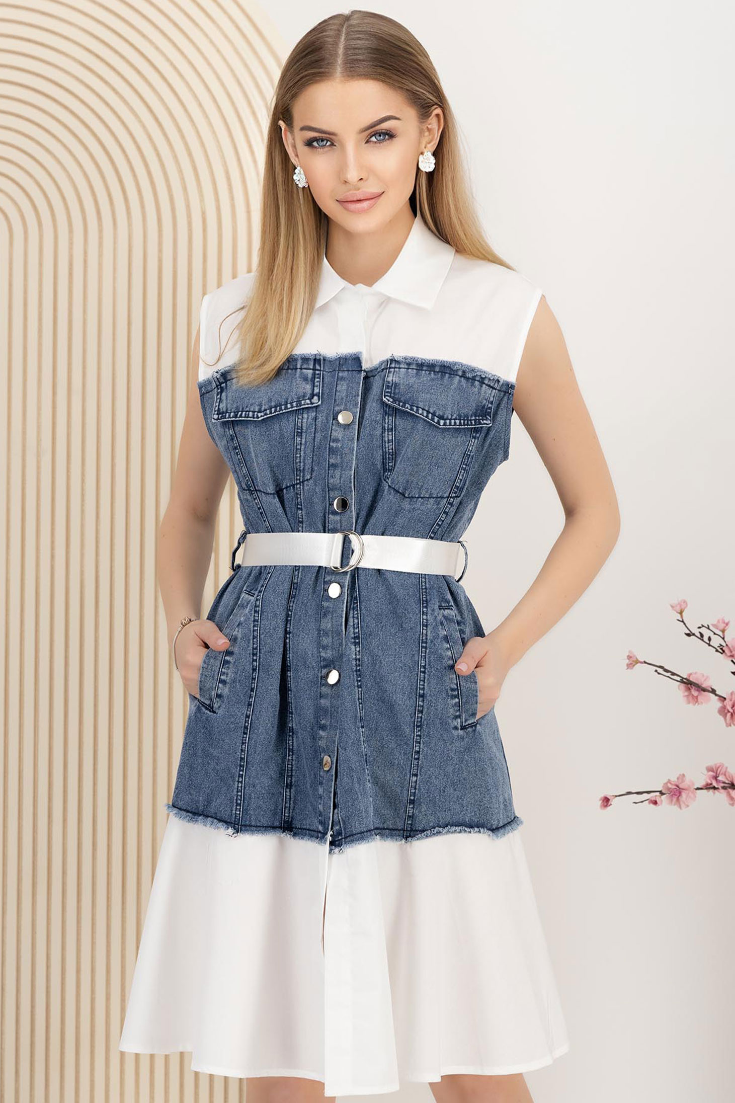 Rochie de blugi tip camasa albastra scurta cu buzunare laterale 1 - StarShinerS.ro