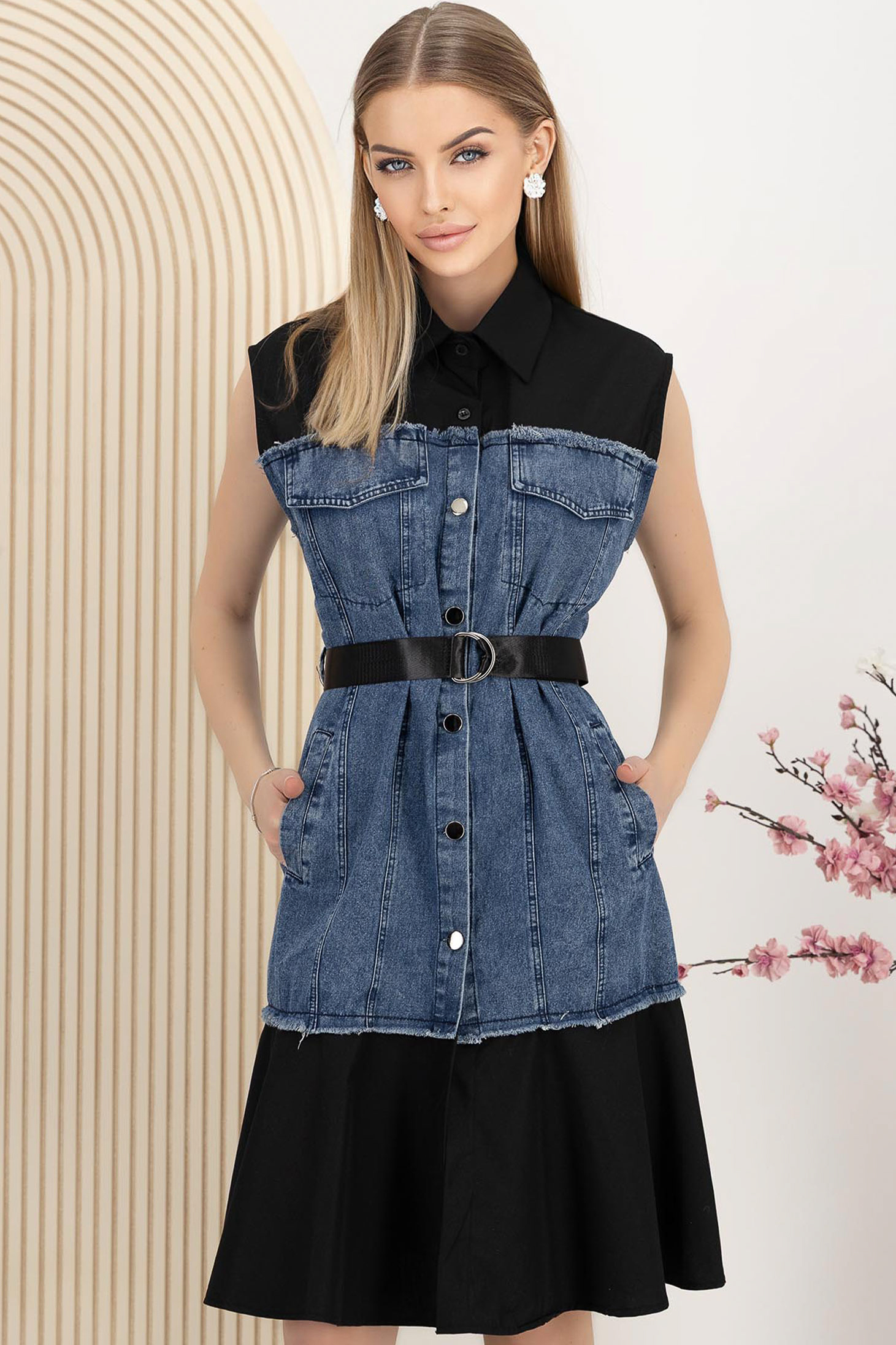 Rochie de blugi tip camasa neagra scurta cu buzunare laterale 1 - StarShinerS.ro