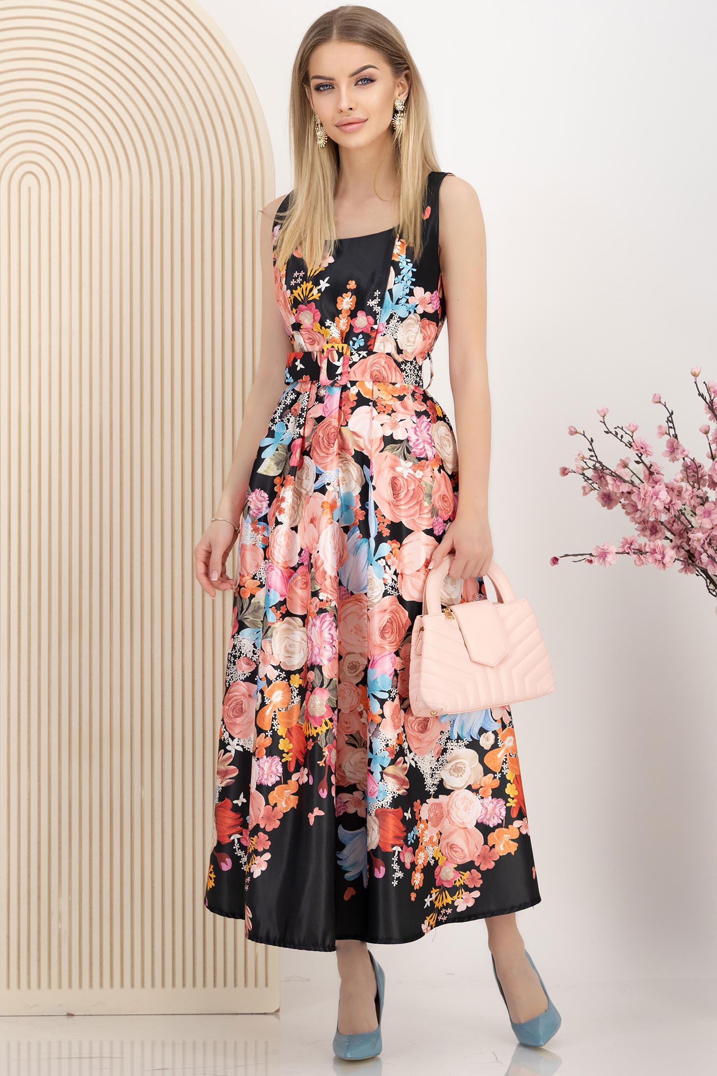 Rochie din tafta neagra maxi in clos cu buzunare laterale imprimata floral 1 - StarShinerS.ro