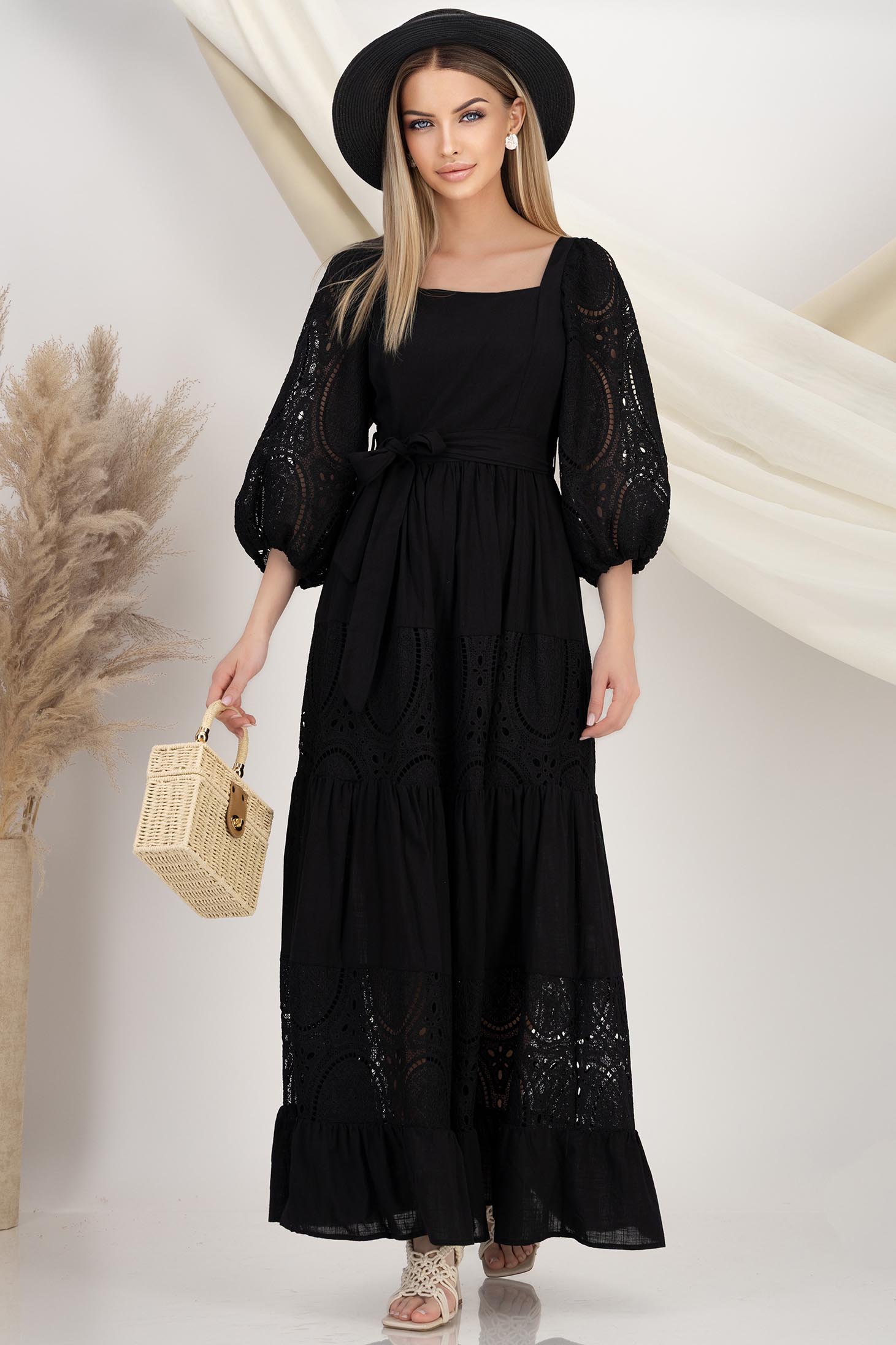 Rochie din ghipură neagra in clos cu maneci trei-sferturi bufante 1 - StarShinerS.ro