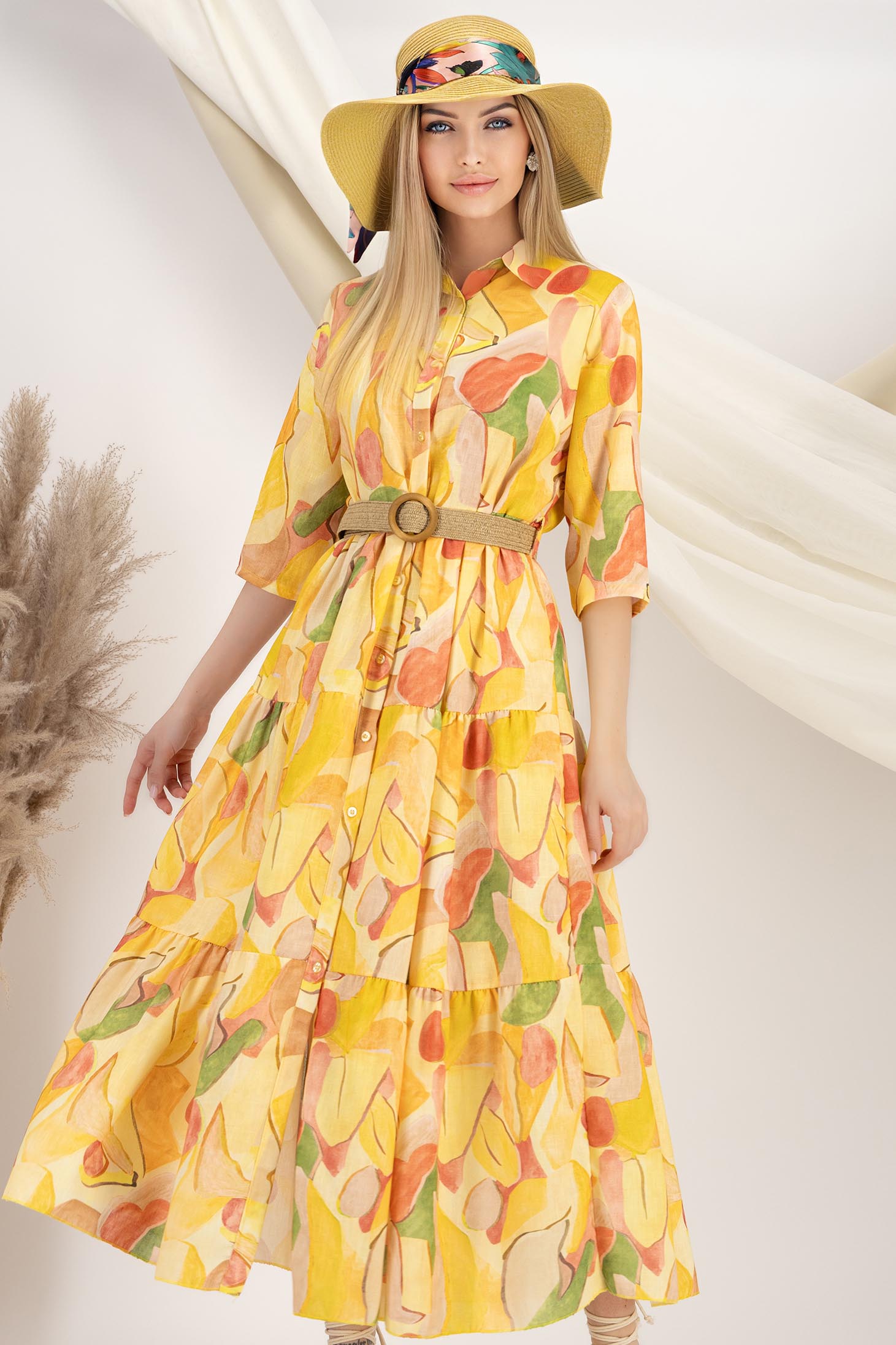 Rochie tip camasa din material subtire galbena midi cu accesoriu tip curea 1 - StarShinerS.ro