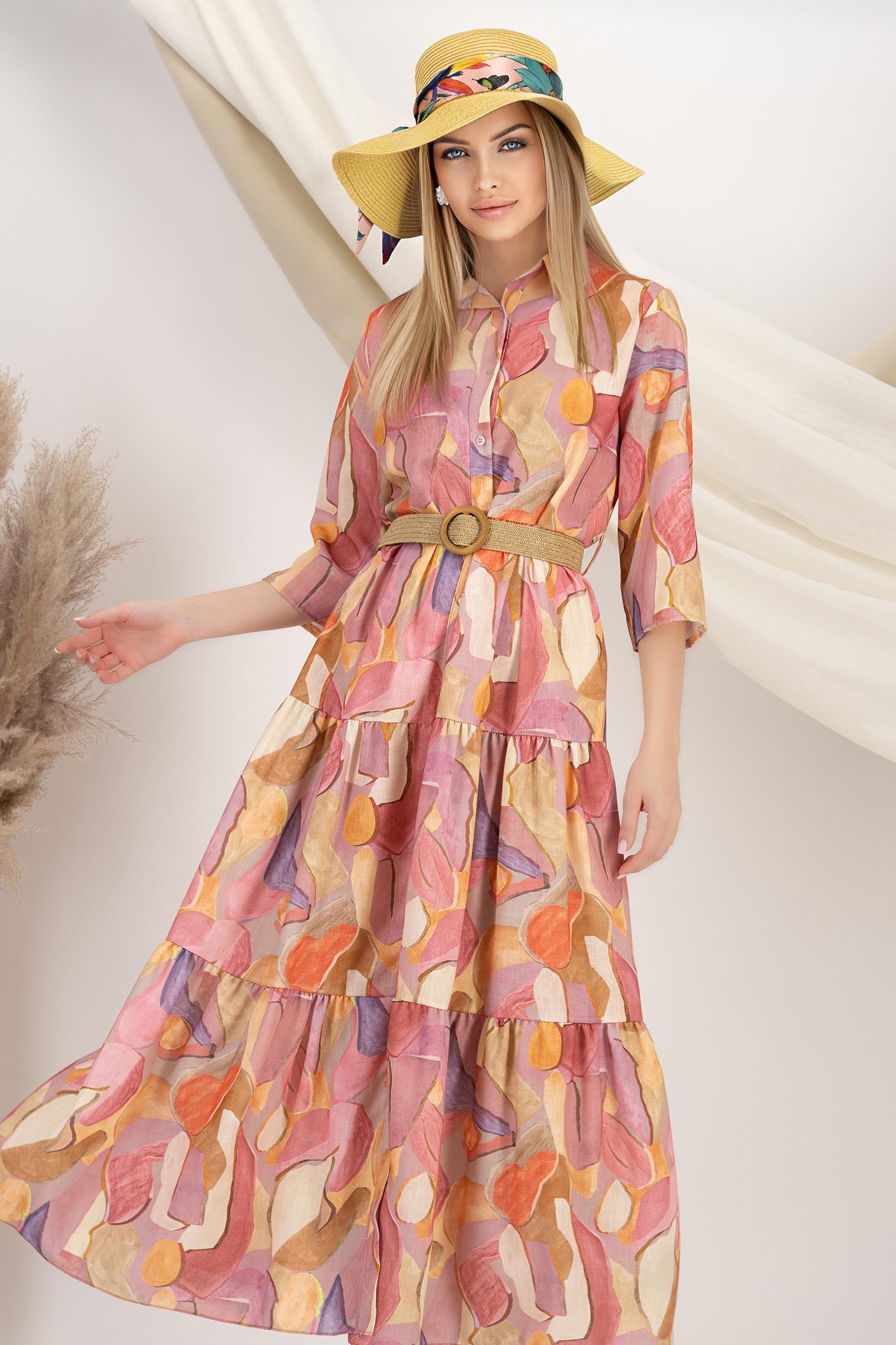 Rochie tip camasa din material subtire roz midi cu accesoriu tip curea 1 - StarShinerS.ro