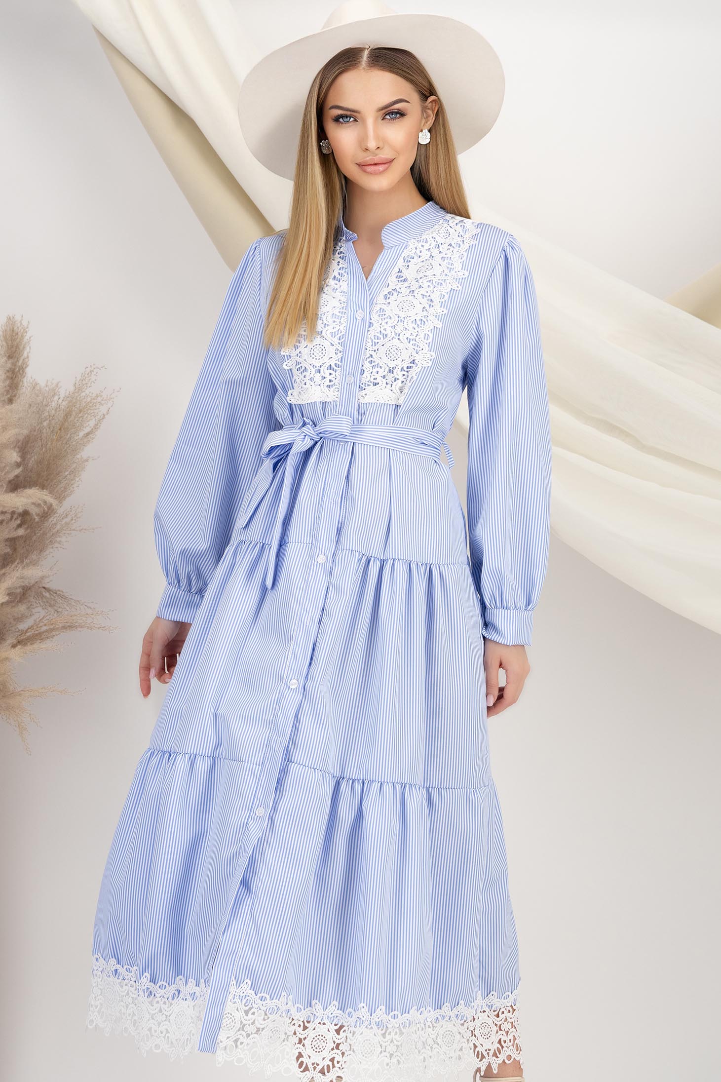 Rochie tip camasa din poplin albastru-deschis midi cu maneci bufante si aplicatii de dantela 1 - StarShinerS.ro