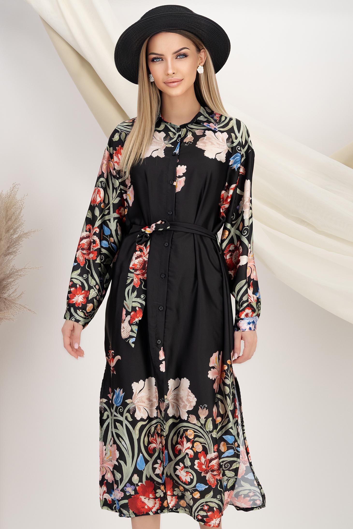 Rochie tip camasa din satin neagra midi accesorizata cu cordon 1 - StarShinerS.ro