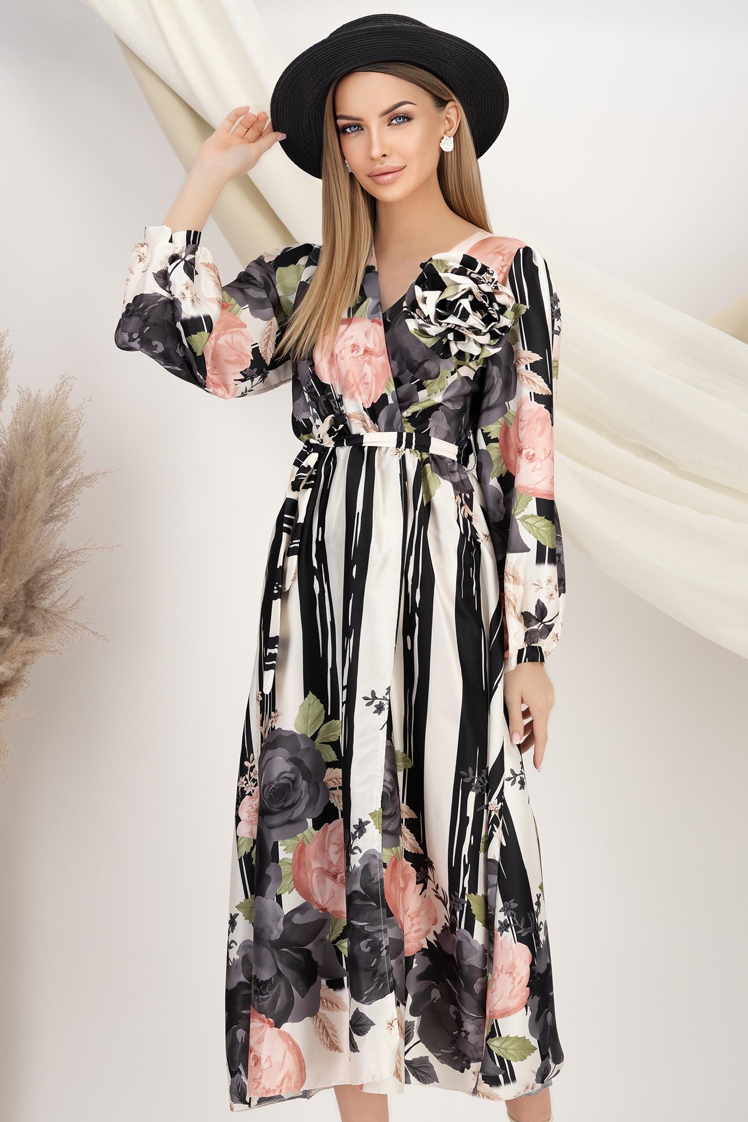 Rochie din material fluid midi in clos cu elastic in talie accesorizata cu brosa si cordon 1 - StarShinerS.ro
