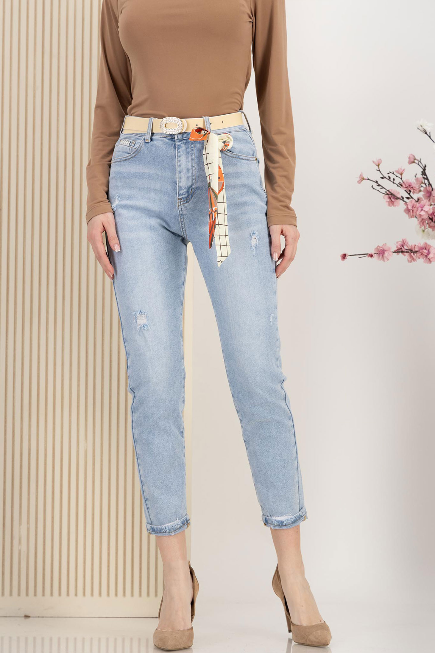 Blugi lungi skinny albastri cu accesoriu tip curea si esarfa decorativa 1 - StarShinerS.ro