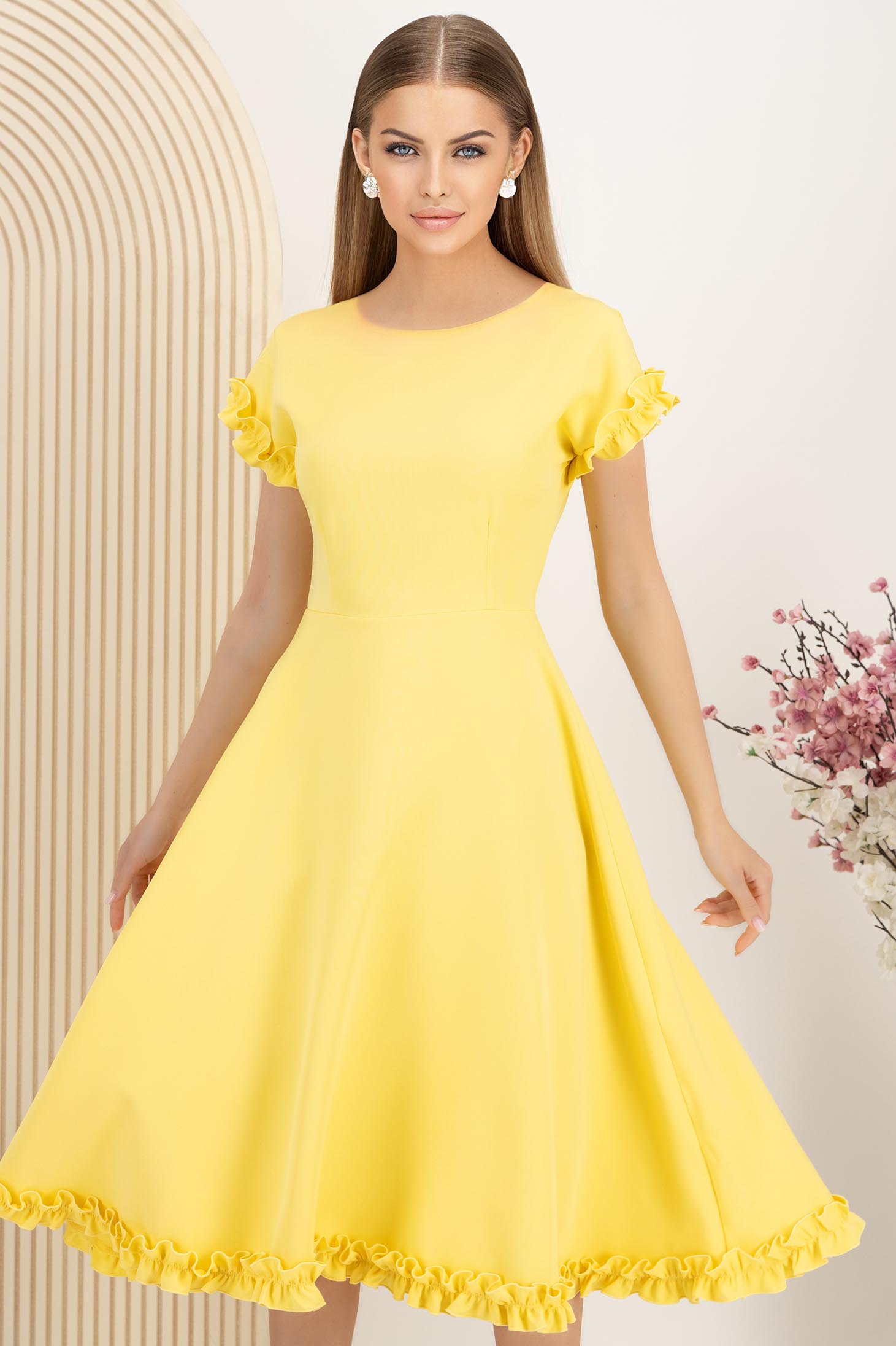 Rochie din stofa elastica galbena midi in clos cu volanase - StarShinerS 1 - StarShinerS.ro