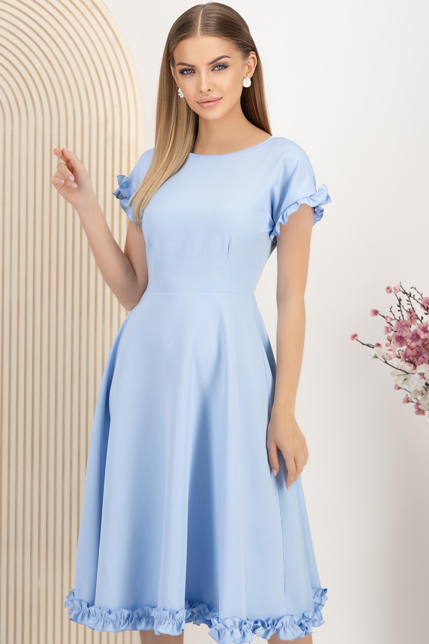Rochie din stofa elastica albastru-deschis midi in clos cu volanase - StarShinerS 1 - StarShinerS.ro