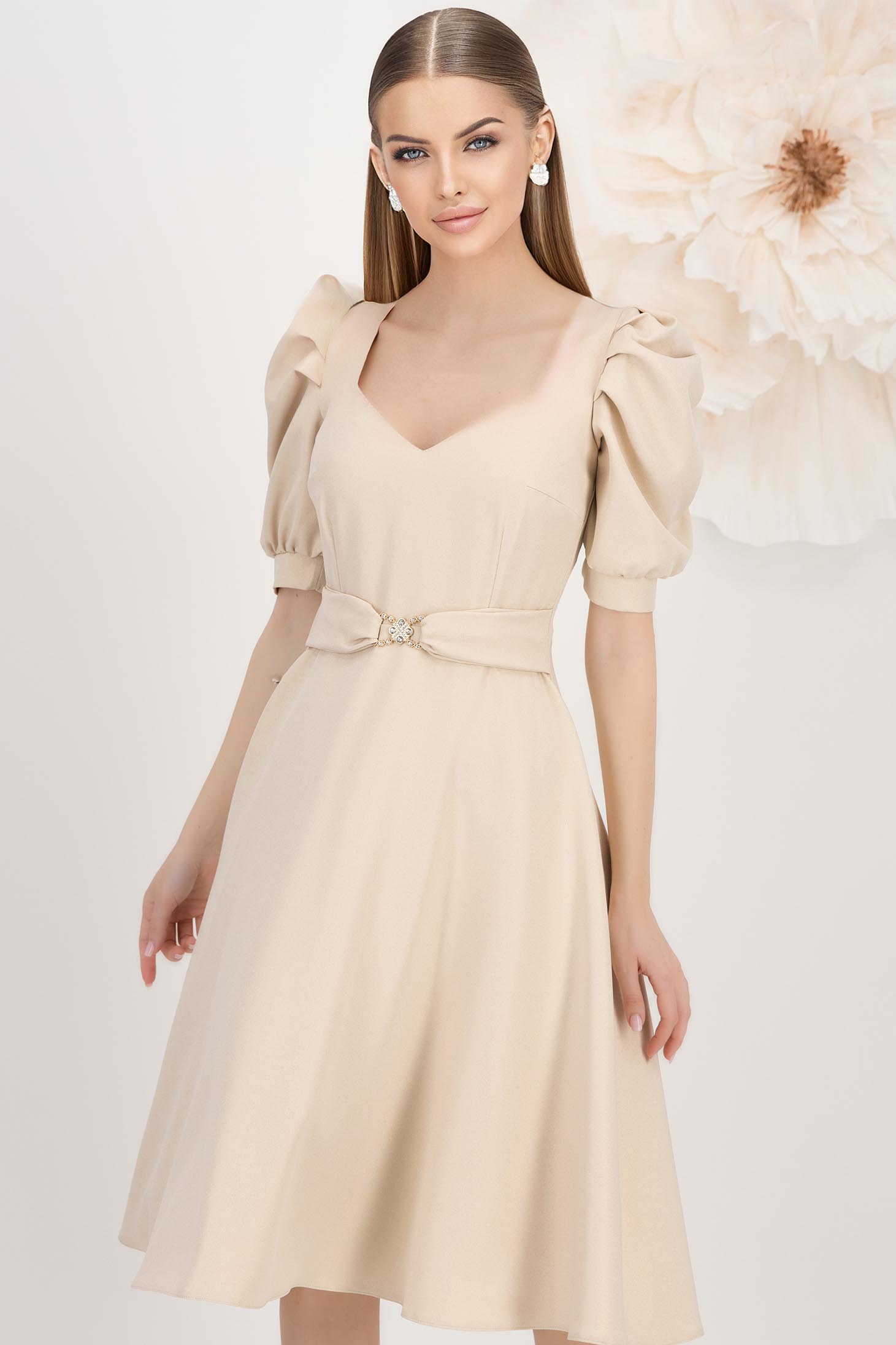 Rochie din stofa elastica cu sclipici nude midi in clos cu maneci bufante - StarShinerS 1 - StarShinerS.ro