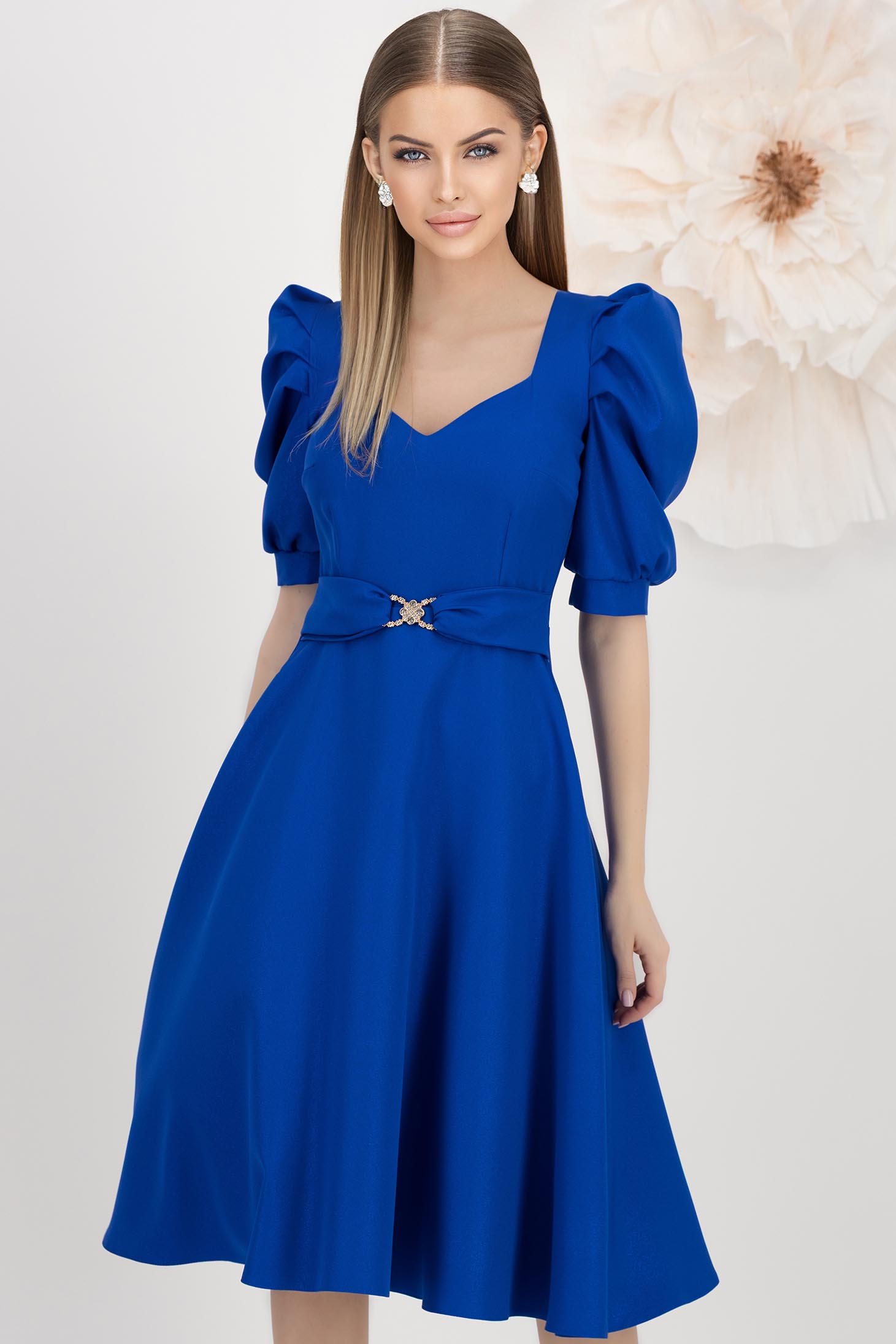 Rochie din stofa elastica cu sclipici albastra midi in clos cu maneci bufante - StarShinerS 1 - StarShinerS.ro