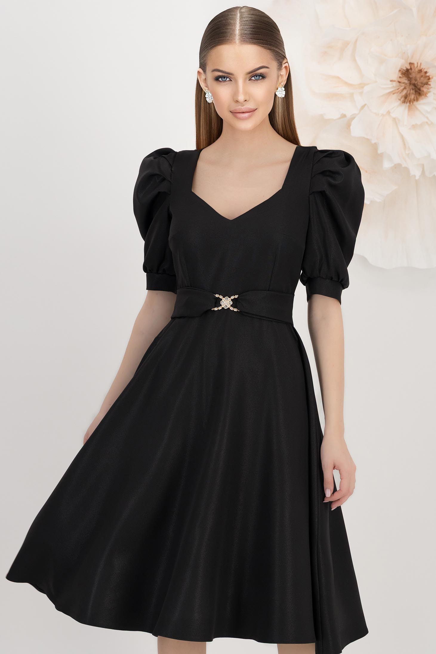 Rochie din stofa elastica cu sclipici neagra midi in clos cu maneci bufante - StarShinerS 1 - StarShinerS.ro