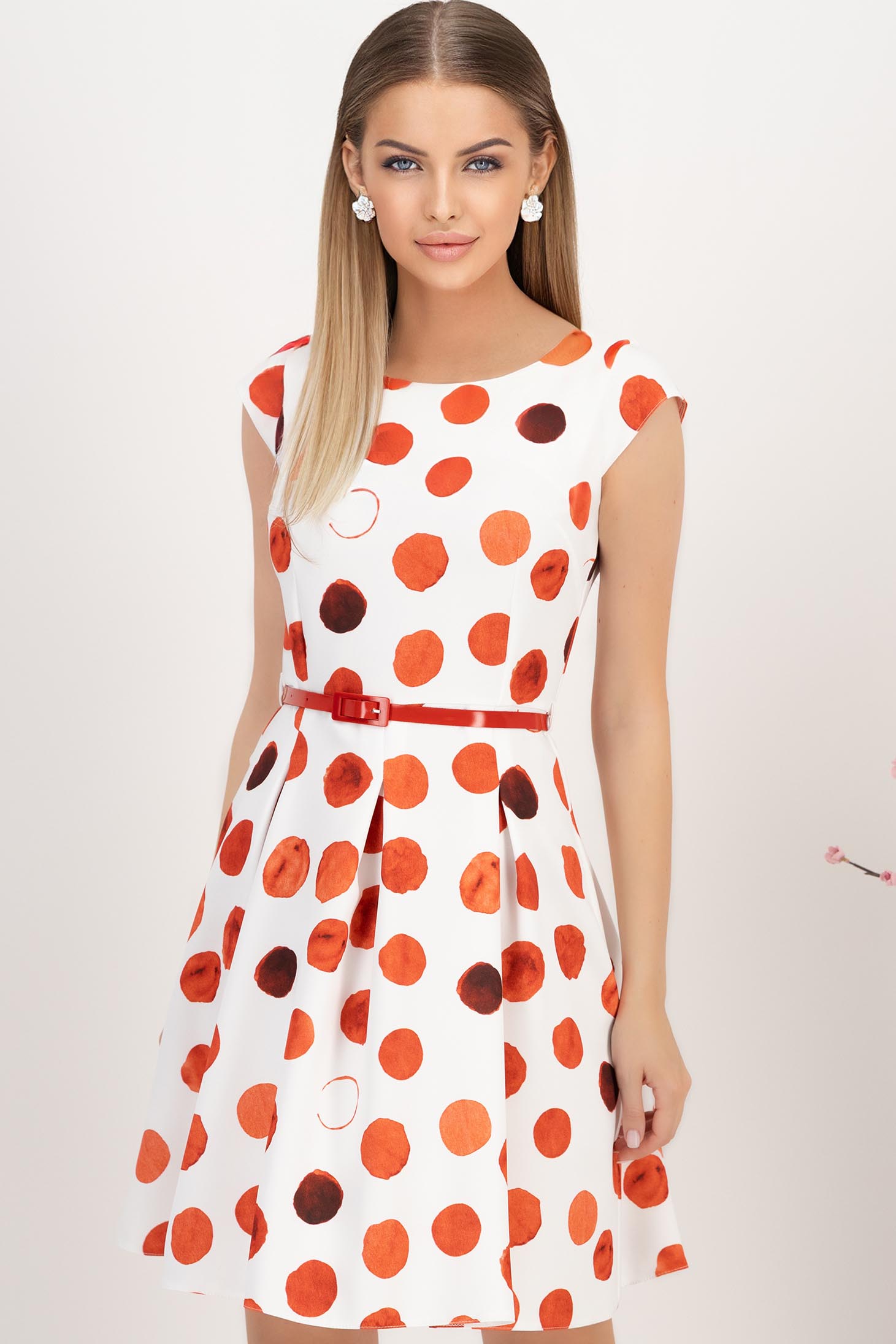 Rochie cu buline din stofa elastica rosie in clos cu accesoriu tip curea 1 - StarShinerS.ro