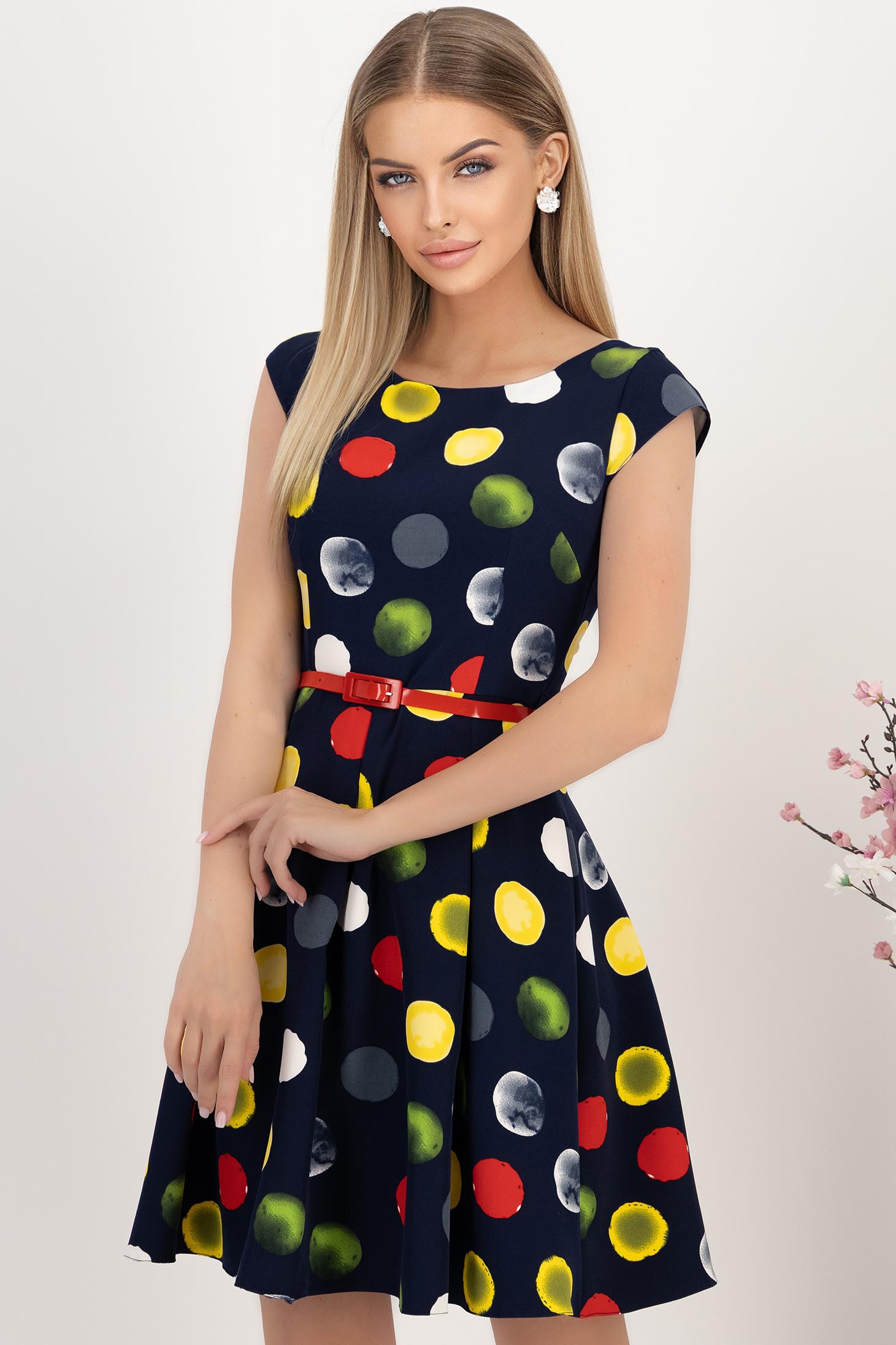Rochie cu buline din stofa elastica bleumarin in clos cu accesoriu tip curea 1 - StarShinerS.ro