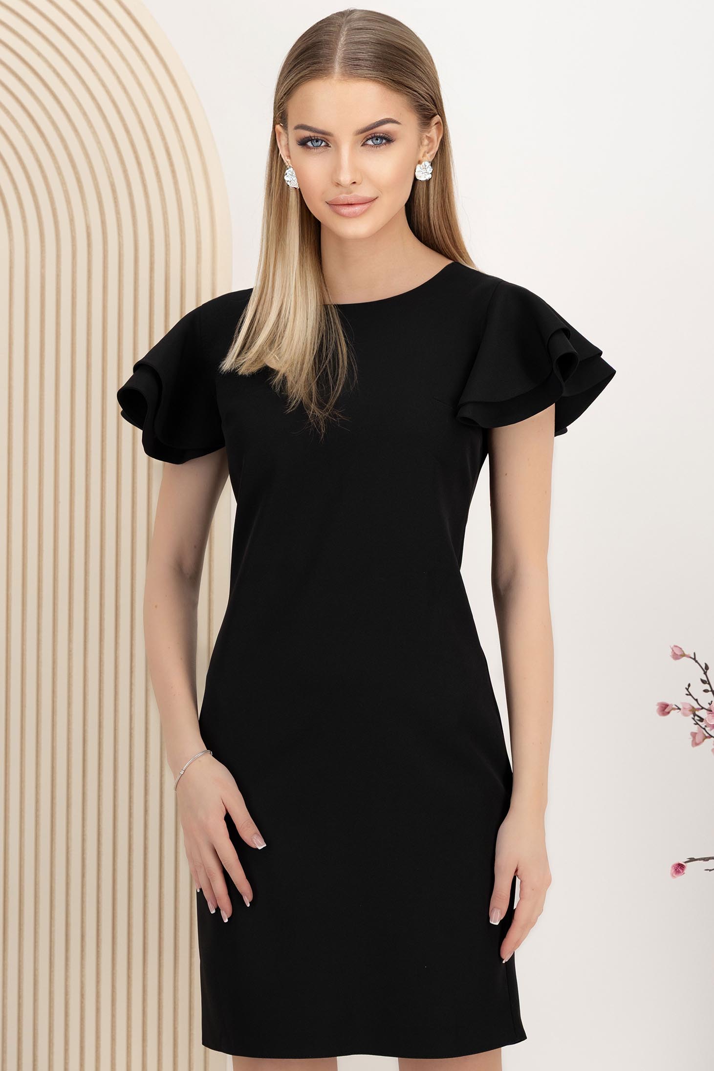 Rochie din stofa elastica neagra cu un croi drept si volanase la maneca - StarShinerS 1 - StarShinerS.ro
