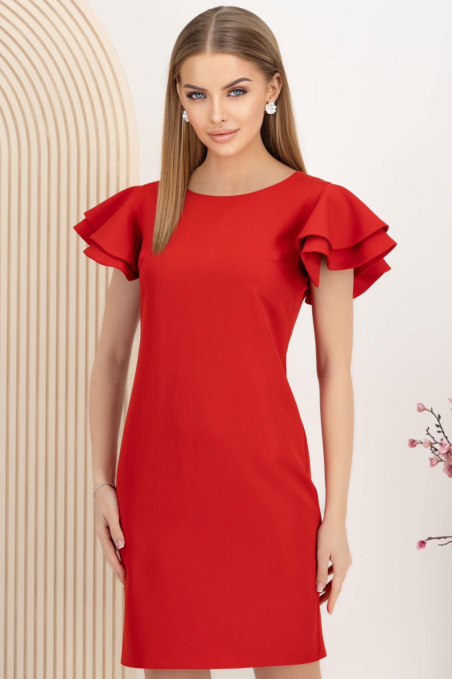 Rochie din stofa elastica rosie cu un croi drept si volanase la maneca - StarShinerS 1 - StarShinerS.ro