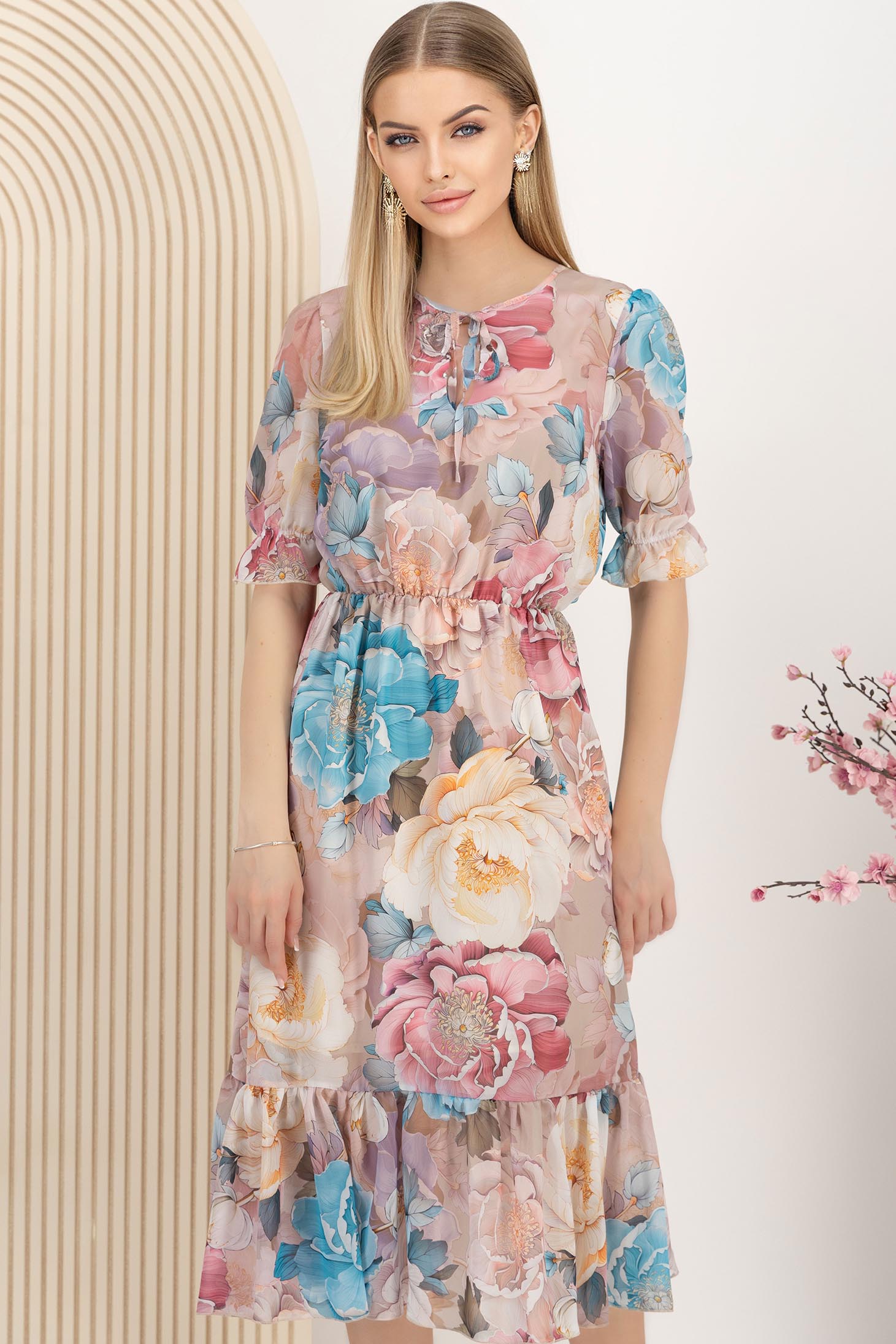 Rochie din voal midi in clos cu elastic in talie imprimata floral 1 - StarShinerS.ro
