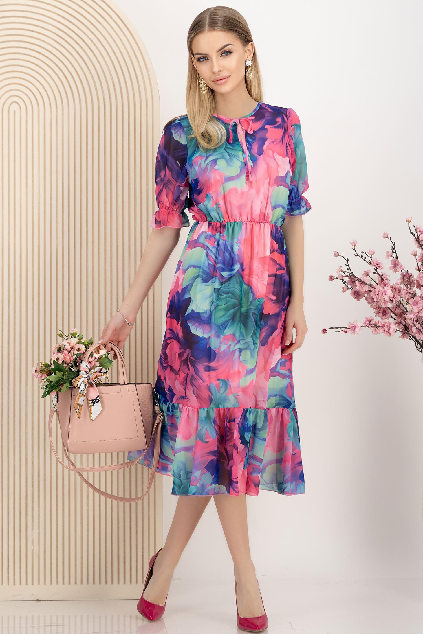 Rochie din voal midi in clos cu elastic in talie imprimata floral 1 - StarShinerS.ro