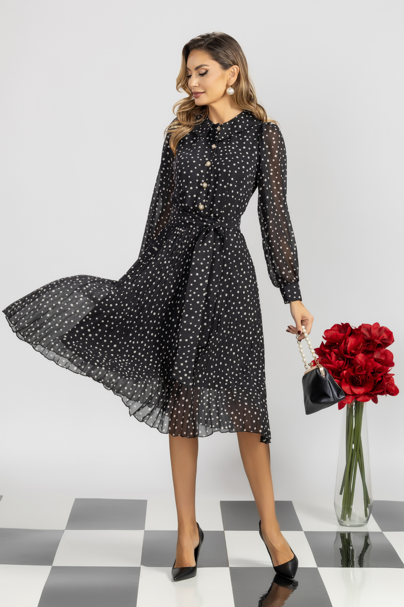 Rochie plisata din voal neagra midi in clos cu elastic in talie 1 - StarShinerS.ro