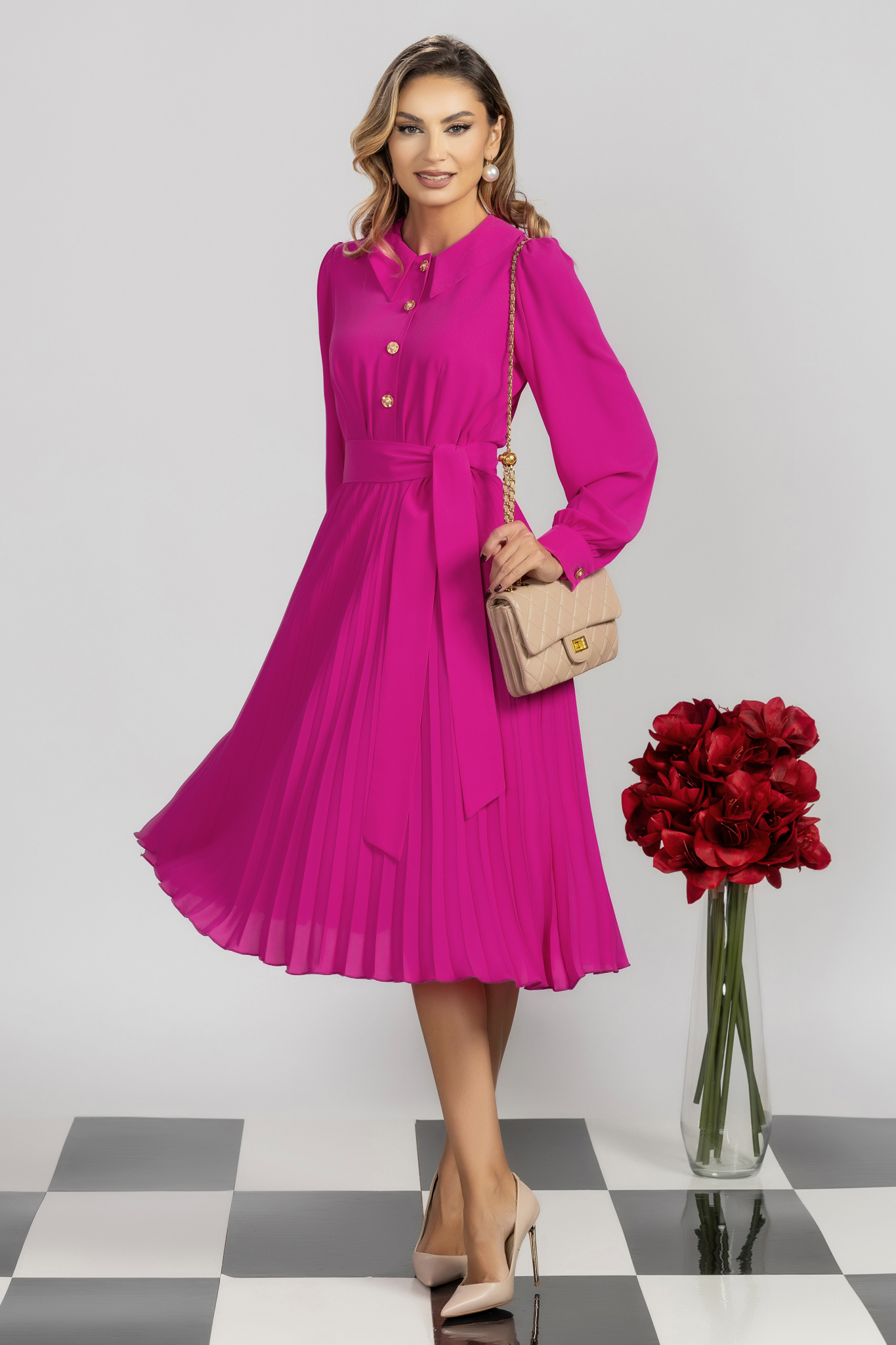 Rochie plisata din voal fuchsia midi in clos cu elastic in talie 1 - StarShinerS.ro