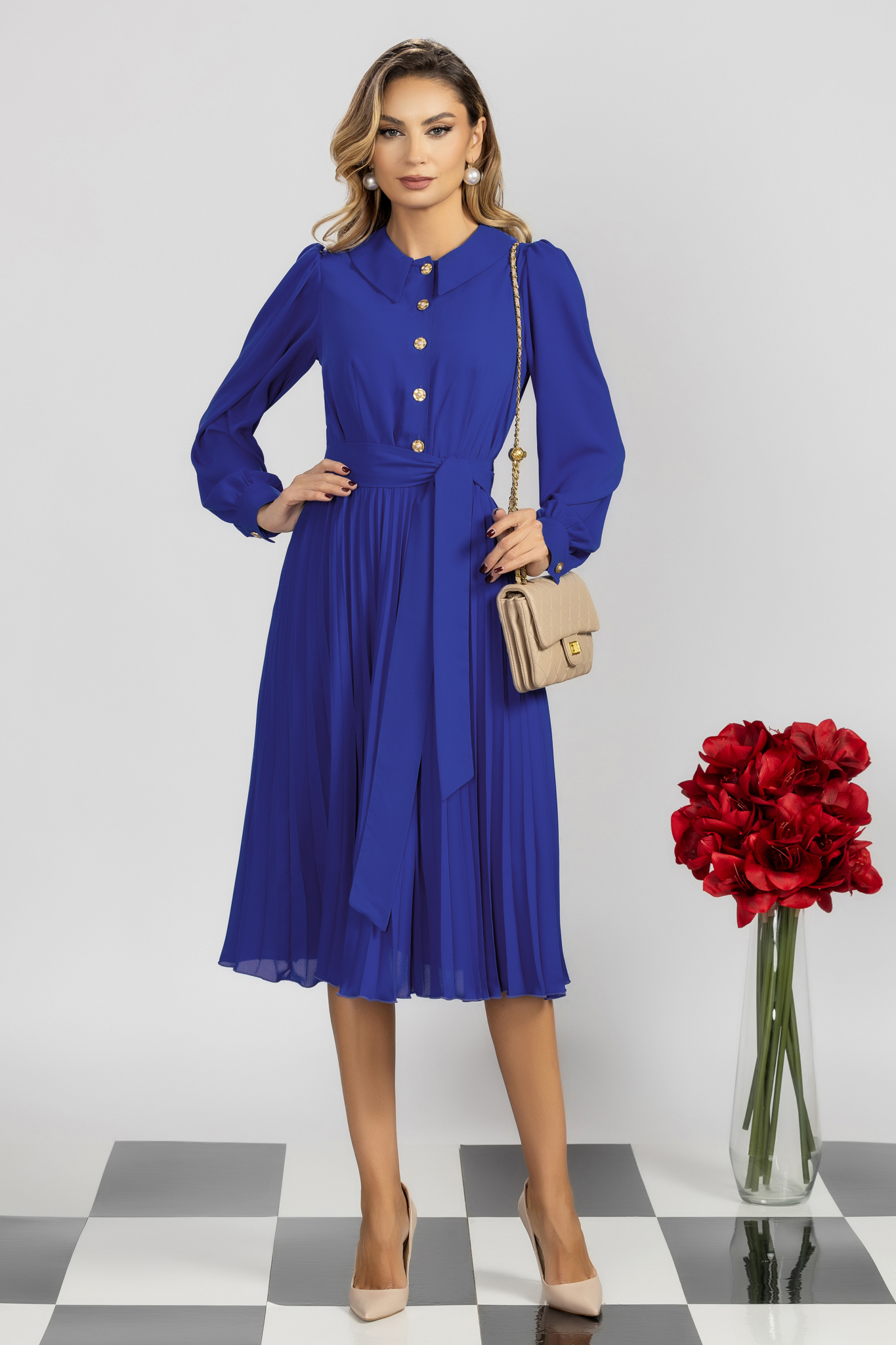 Rochie plisata din voal albastra midi in clos cu elastic in talie 1 - StarShinerS.ro